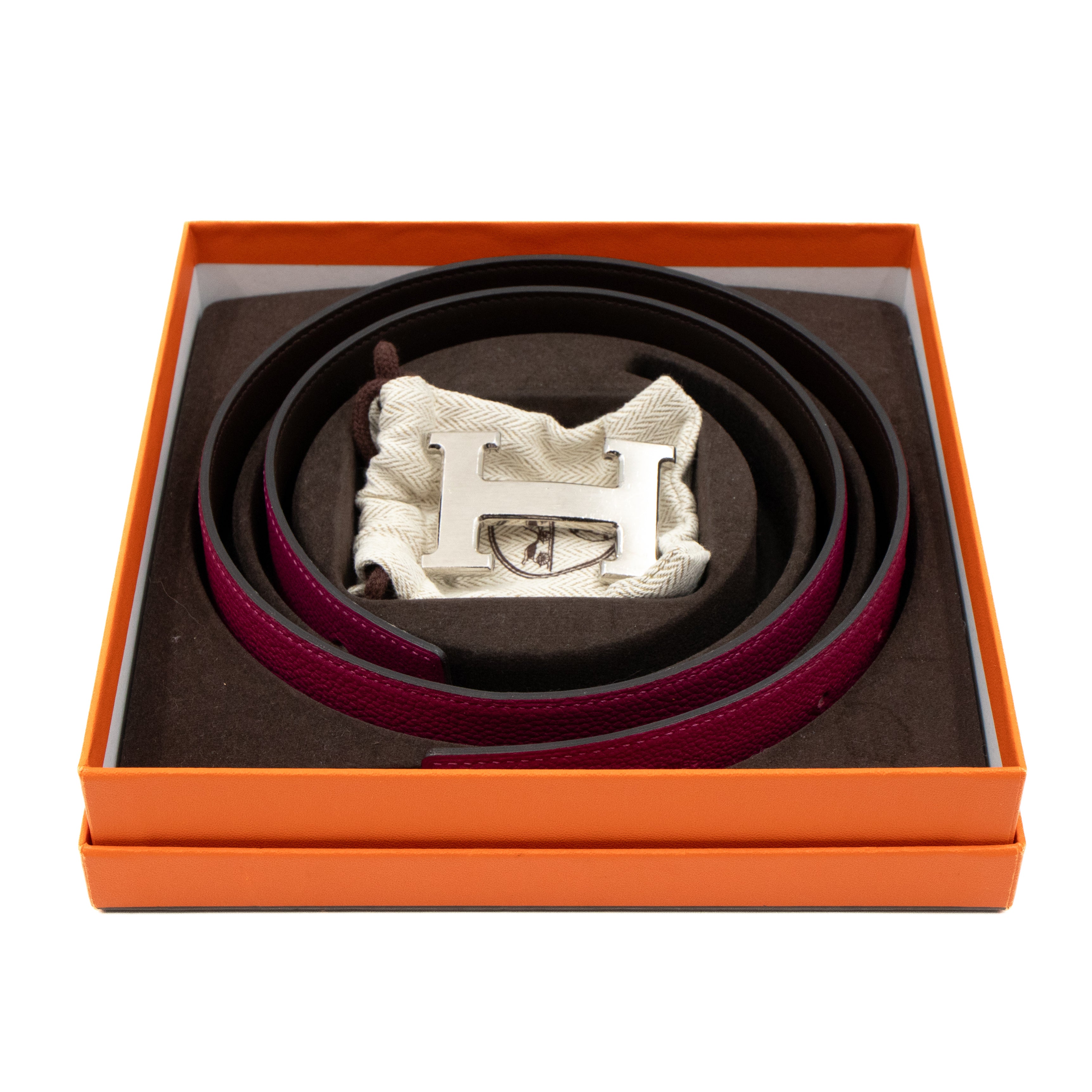 H Buckle & Reversible Purple and Brown Leather Belt 80 cm