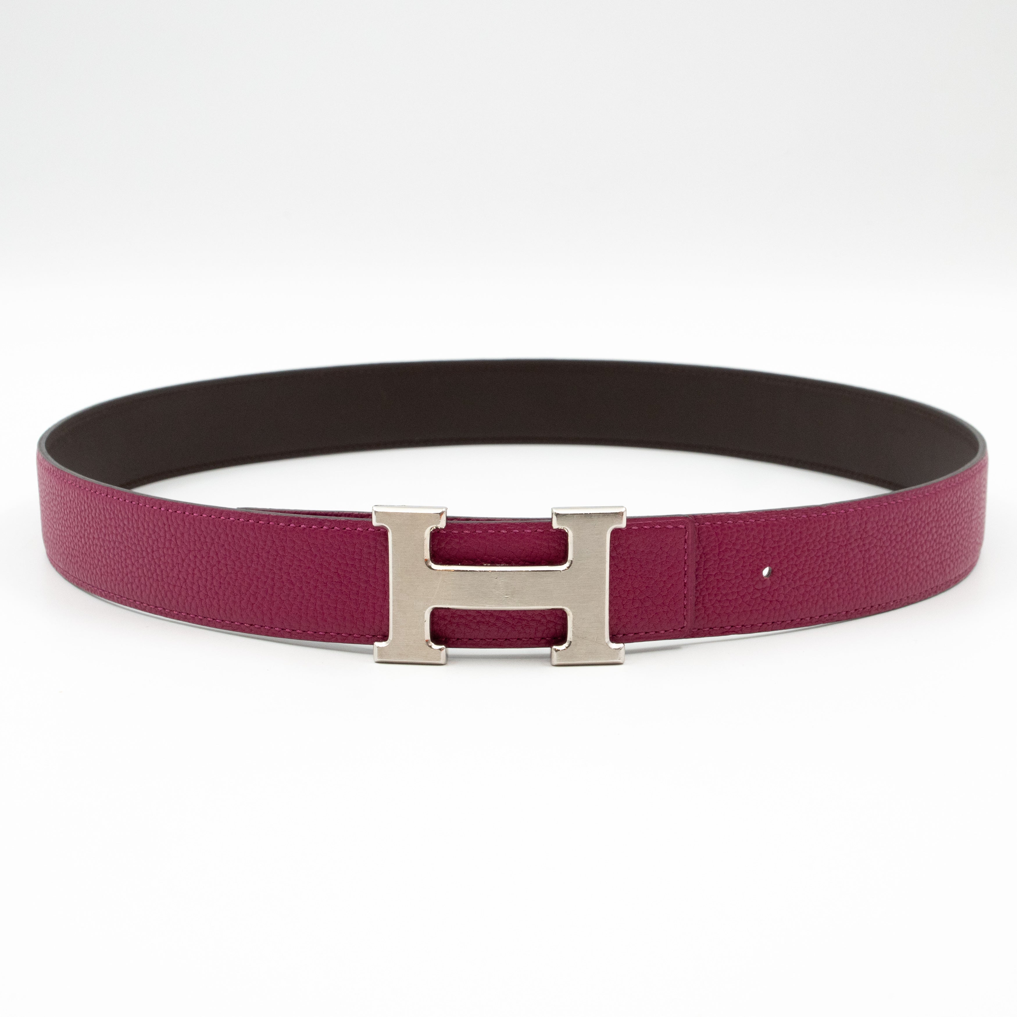 H Buckle & Reversible Purple and Brown Leather Belt 80 cm