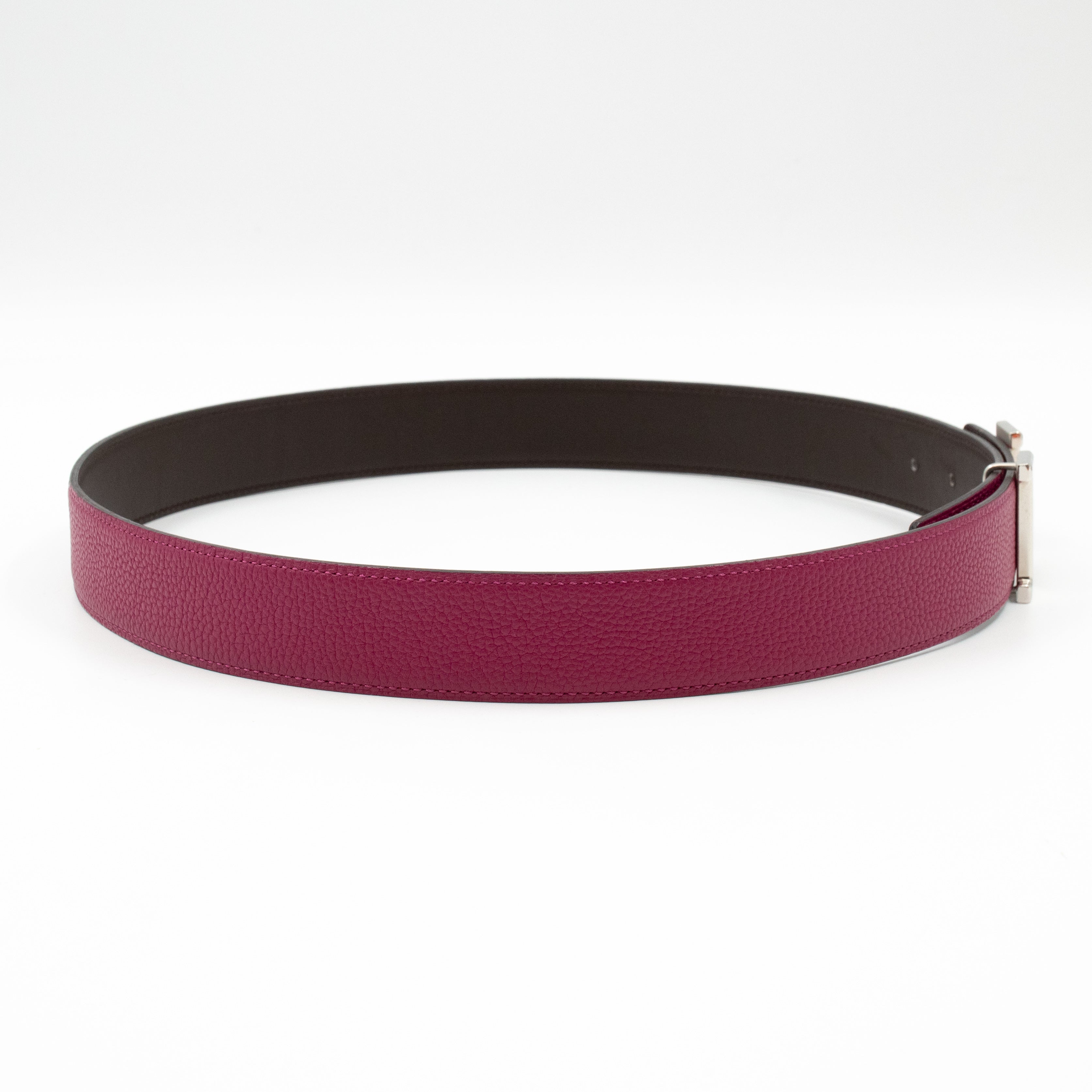 H Buckle & Reversible Purple and Brown Leather Belt 80 cm