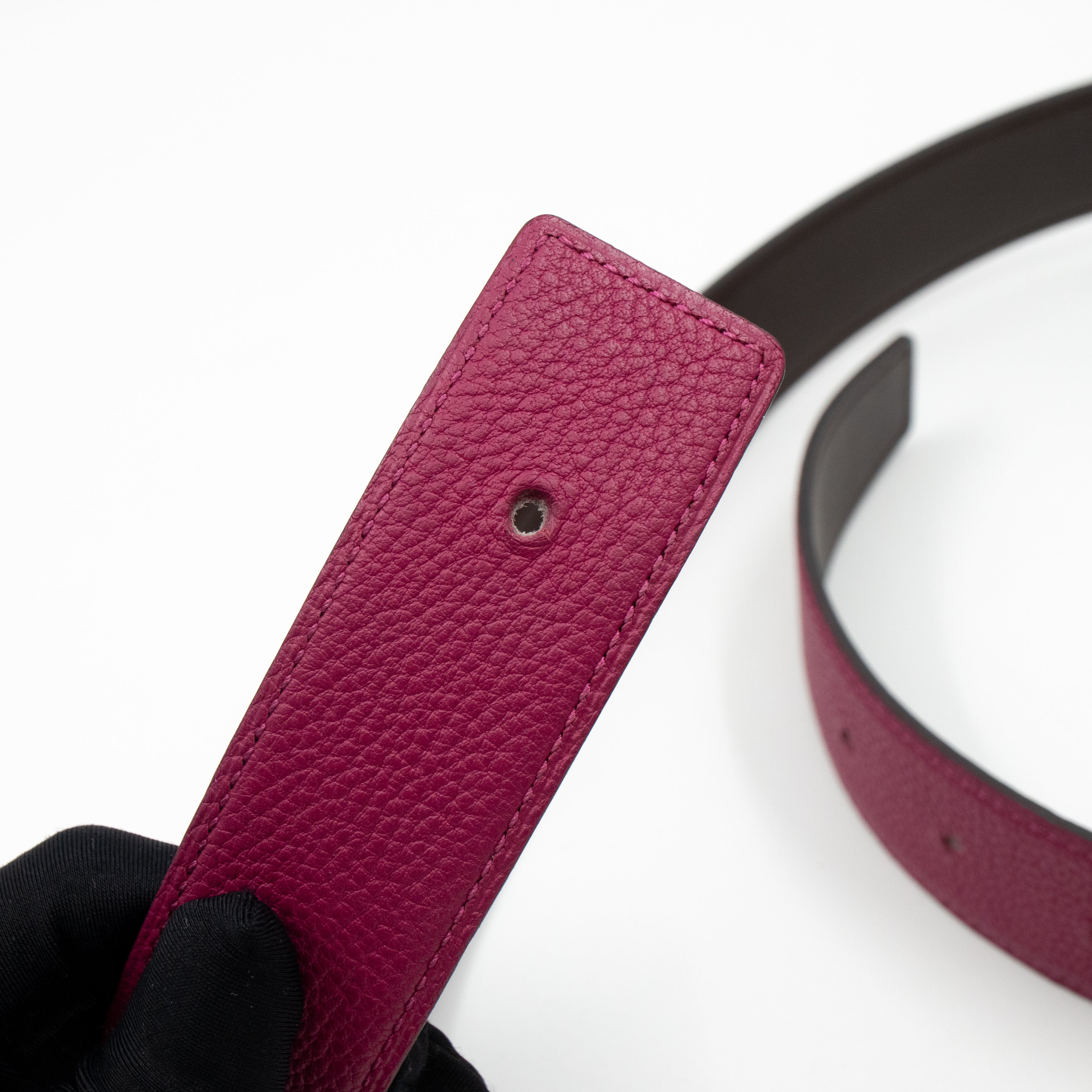 H Buckle & Reversible Purple and Brown Leather Belt 80 cm