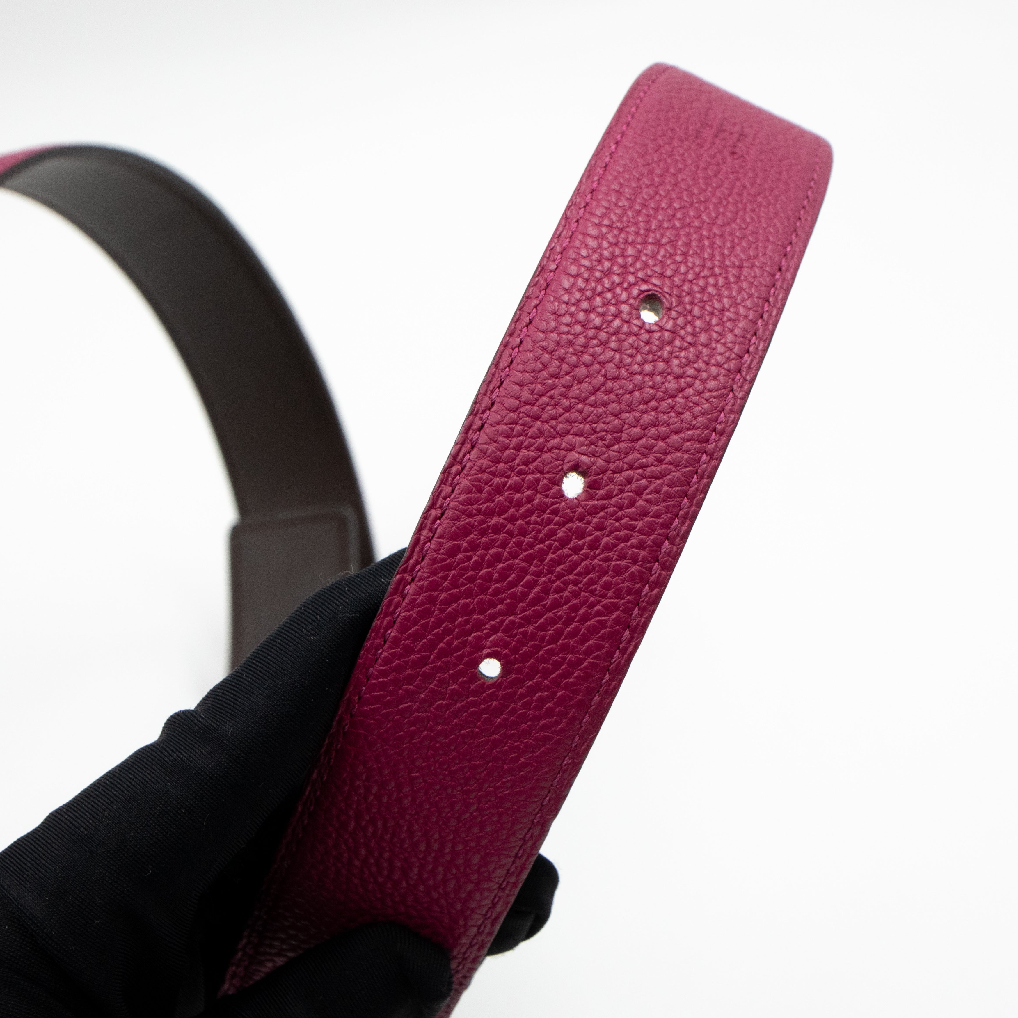 H Buckle & Reversible Purple and Brown Leather Belt 80 cm