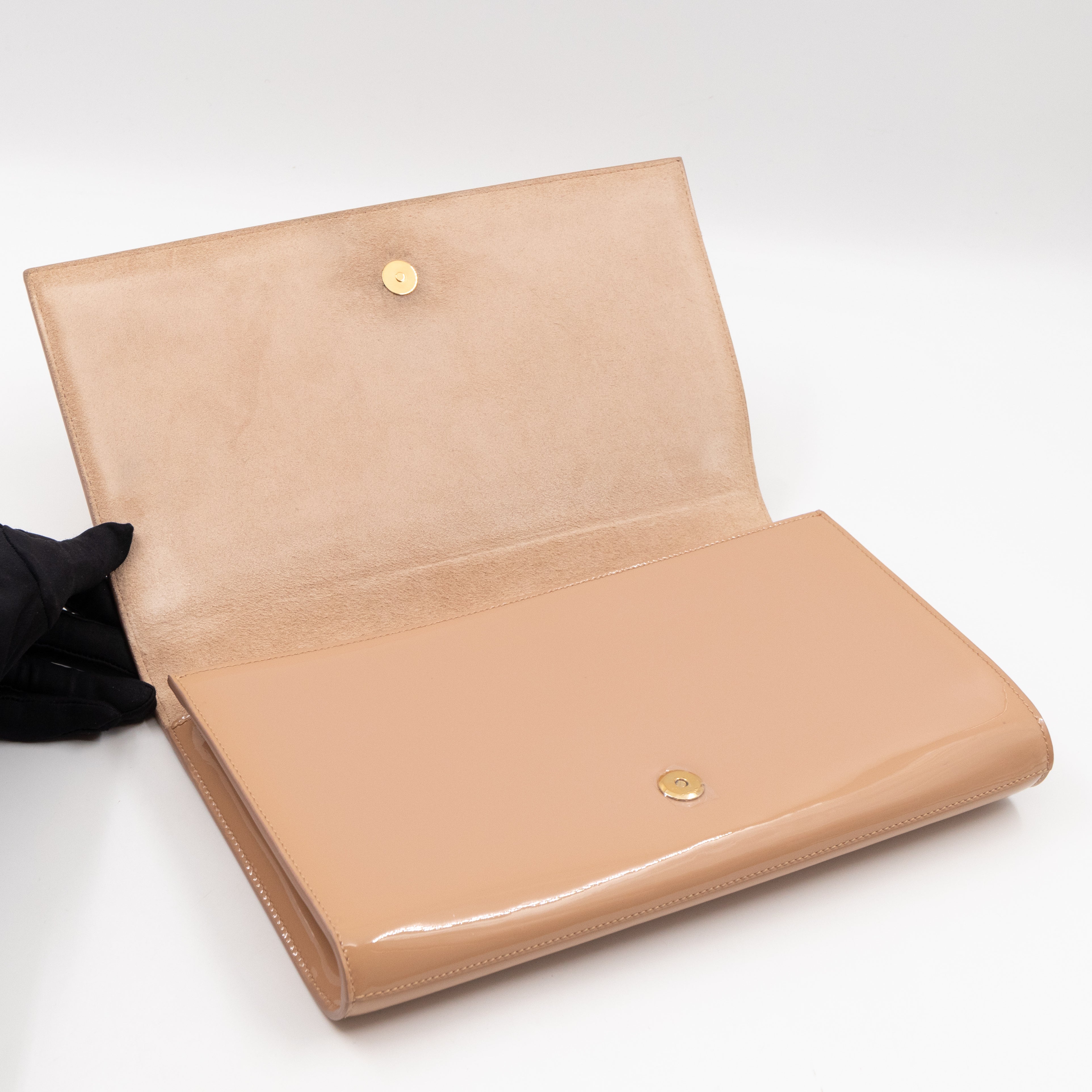 Beige patent shop leather clutch