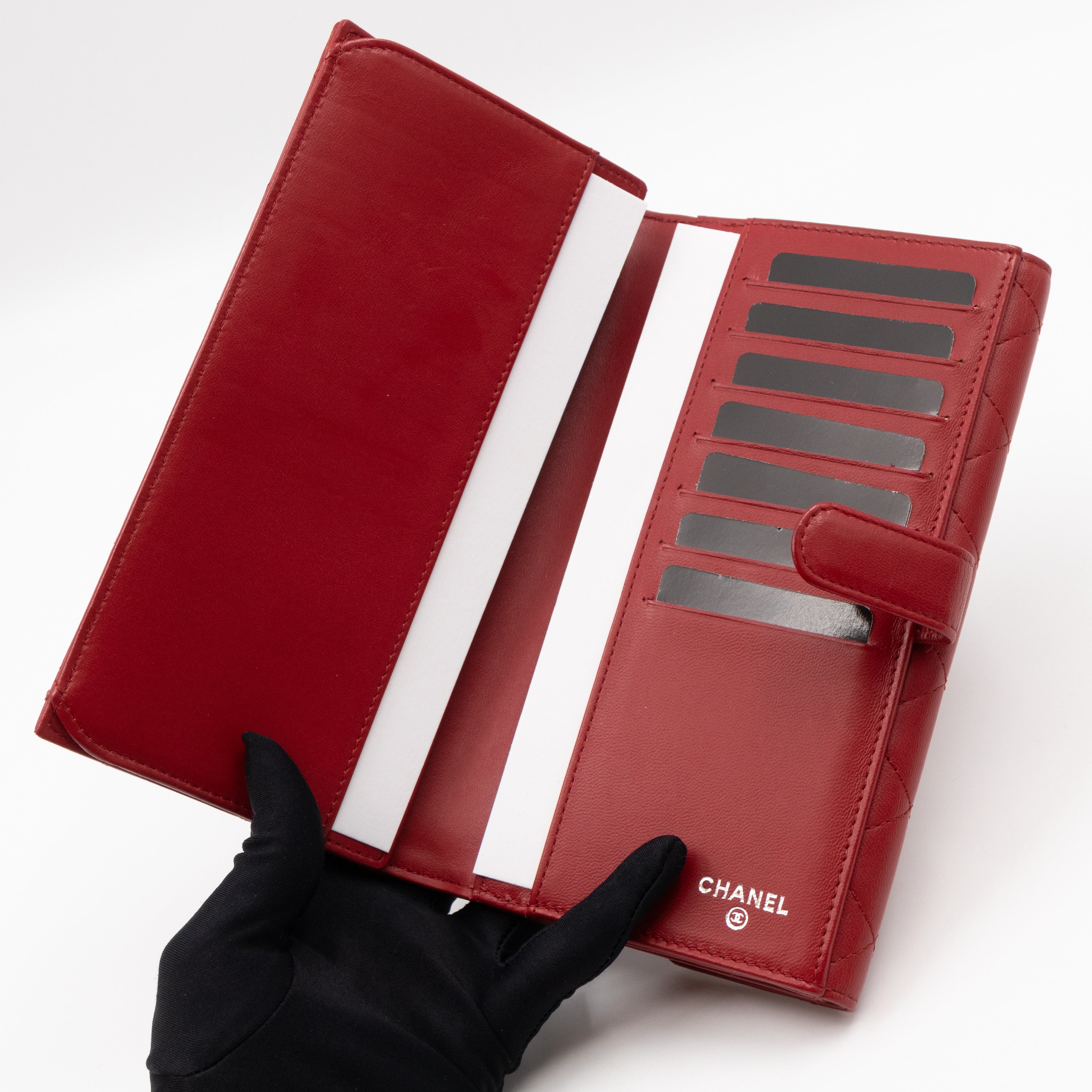 Long Trifold Flap Wallet Red Leather