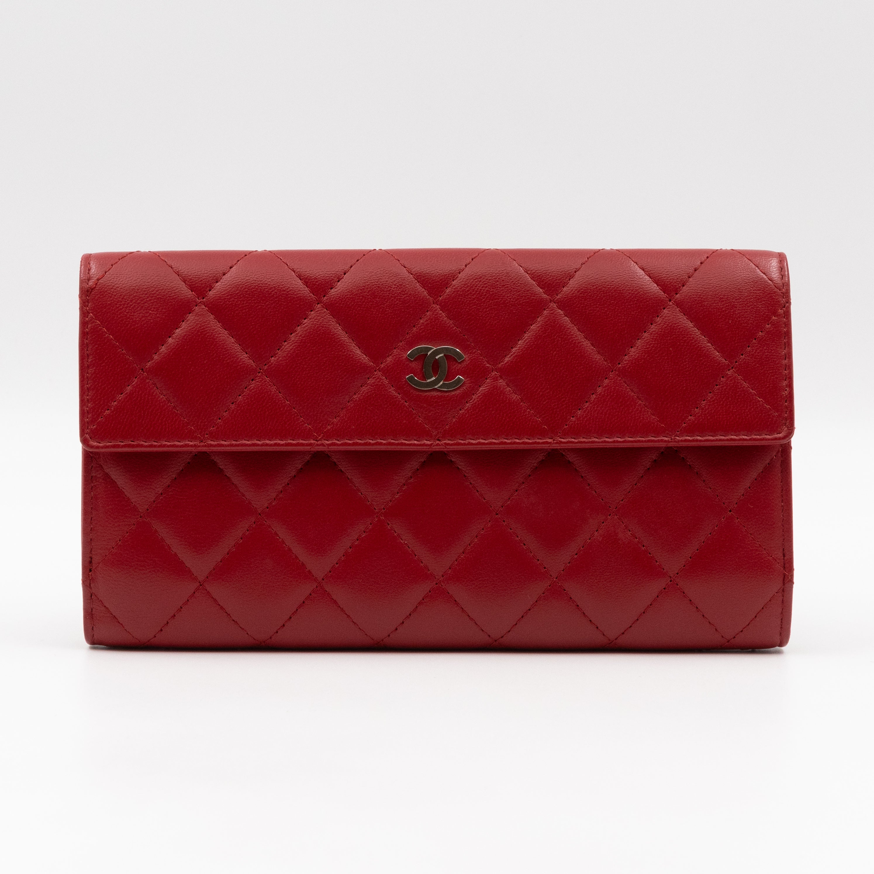 Long Trifold Flap Wallet Red Leather