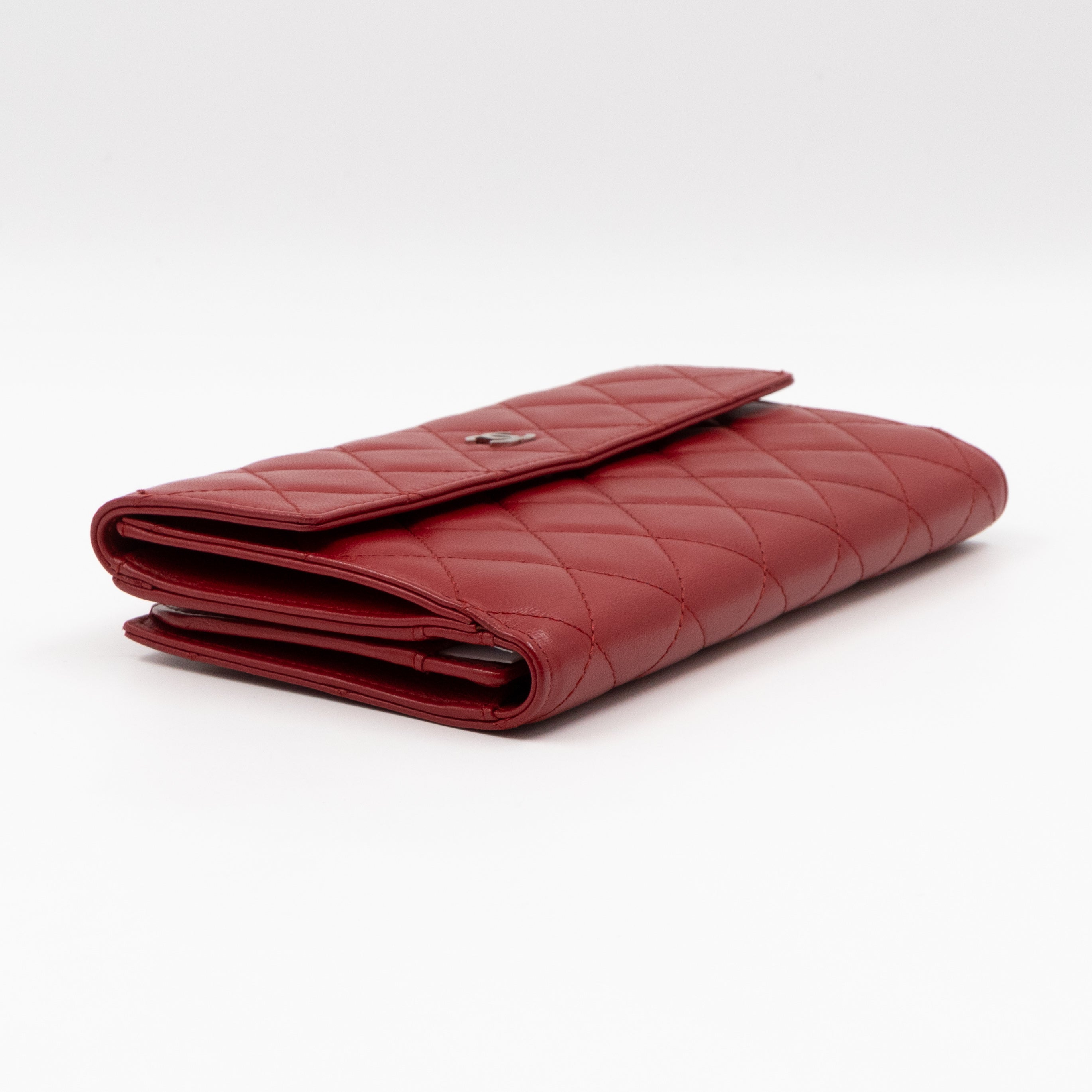 Long Trifold Flap Wallet Red Leather