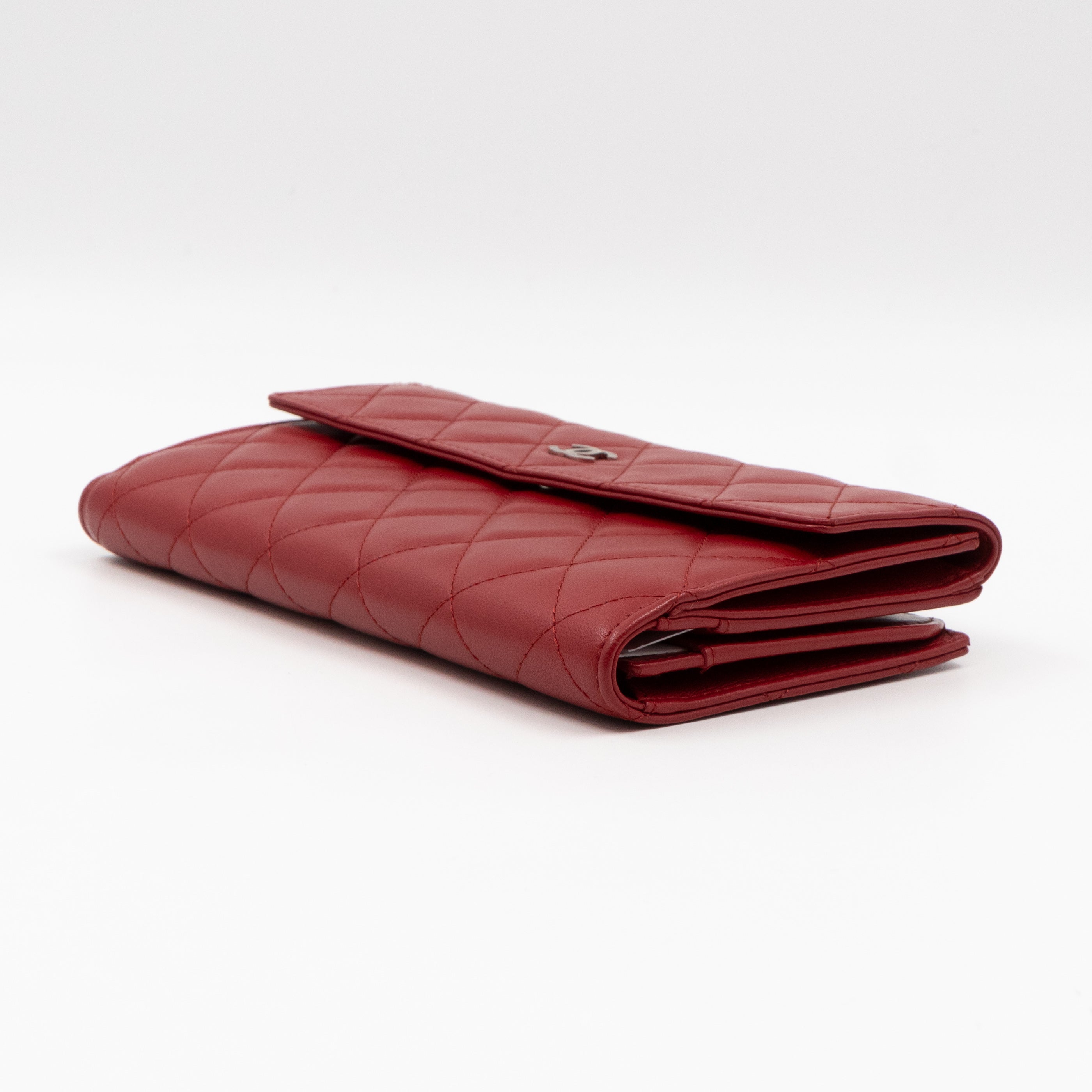 Long Trifold Flap Wallet Red Leather