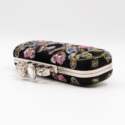 Long Skull Knuckle Clutch Black Silk Floral Embroidery