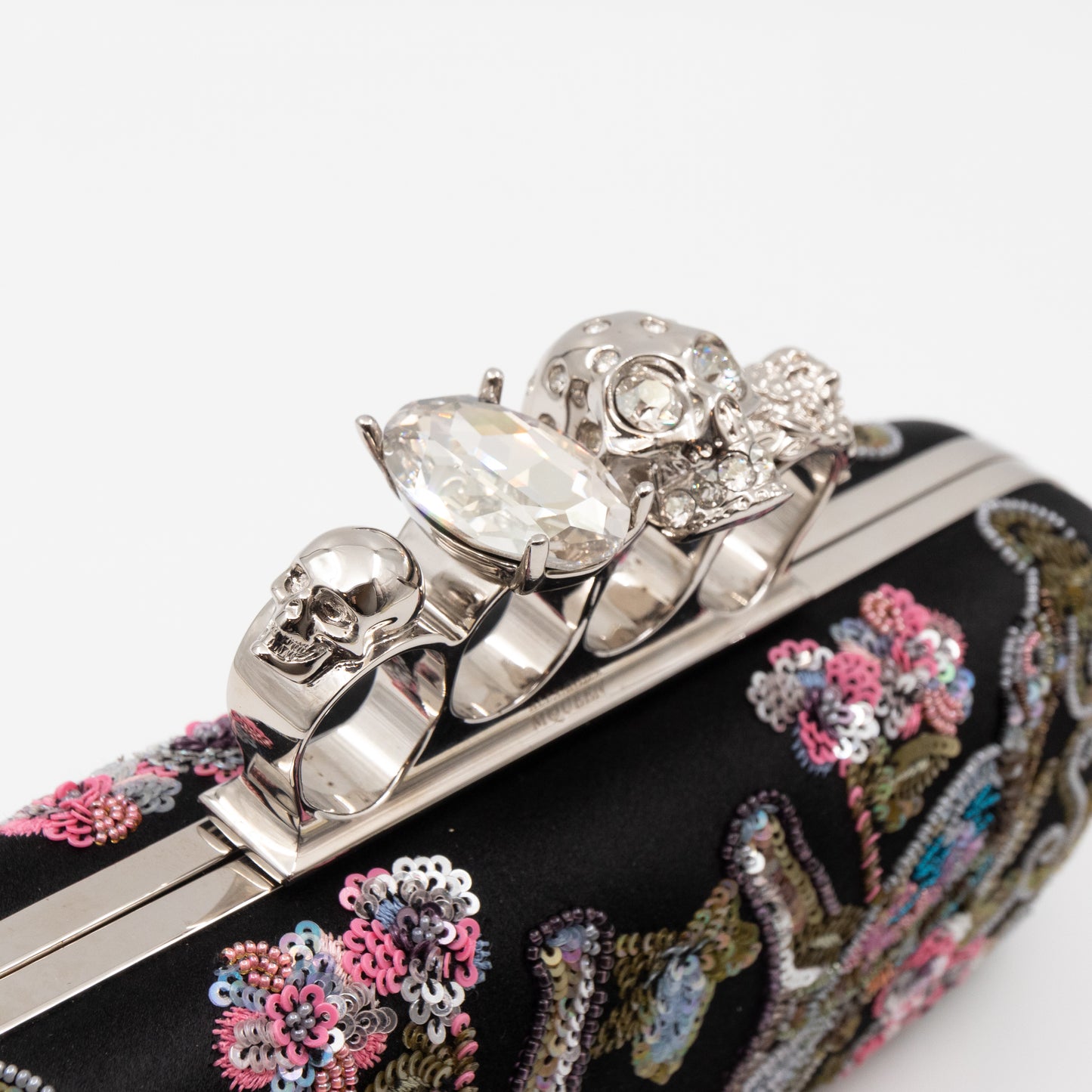 Long Skull Knuckle Clutch Black Silk Floral Embroidery