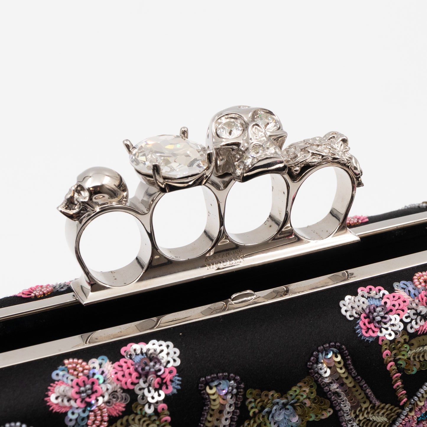 Long Skull Knuckle Clutch Black Silk Floral Embroidery