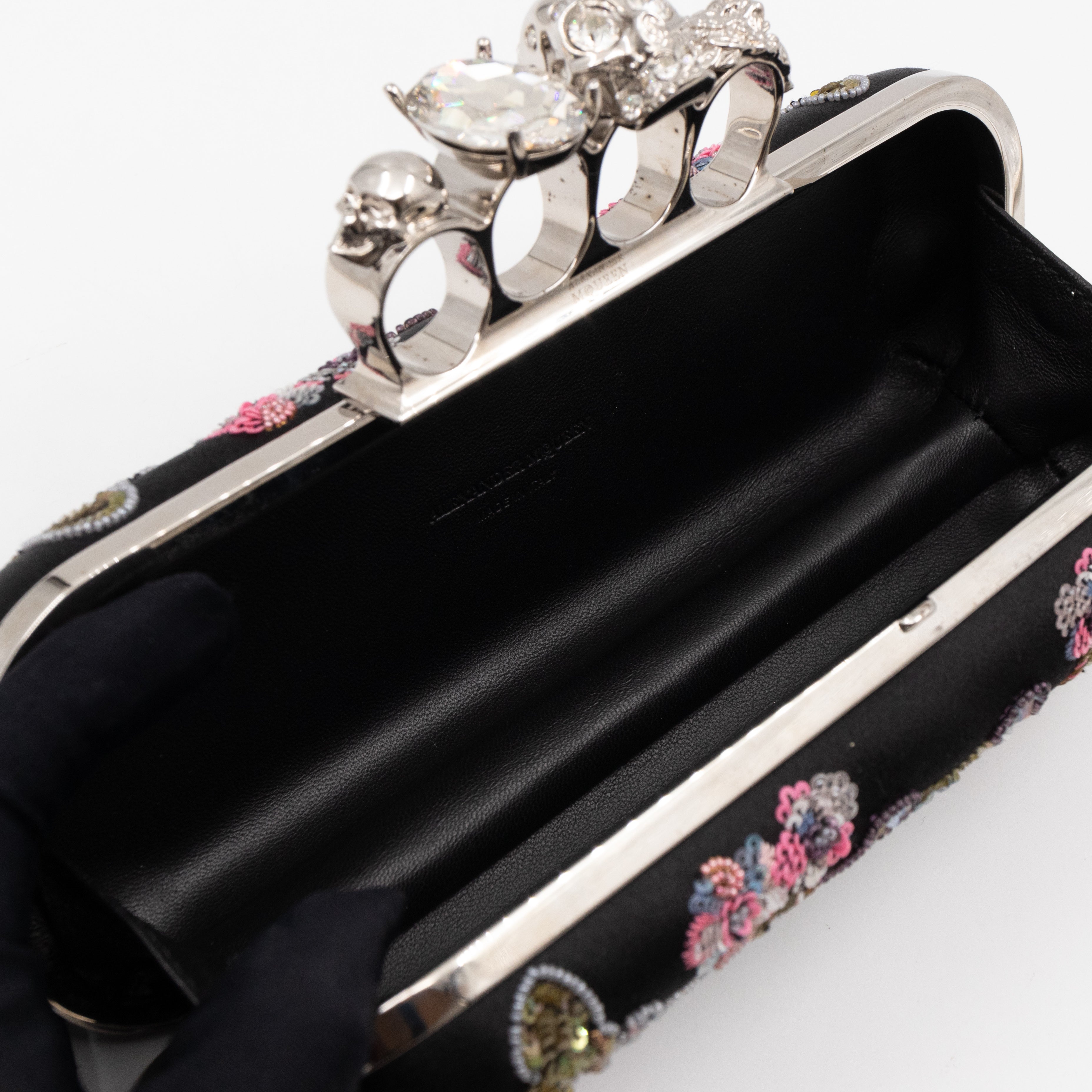 Long Skull Knuckle Clutch Black Silk Floral Embroidery