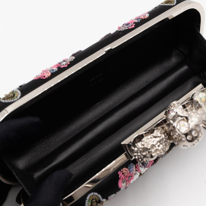 Long Skull Knuckle Clutch Black Silk Floral Embroidery