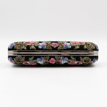 Long Skull Knuckle Clutch Black Silk Floral Embroidery