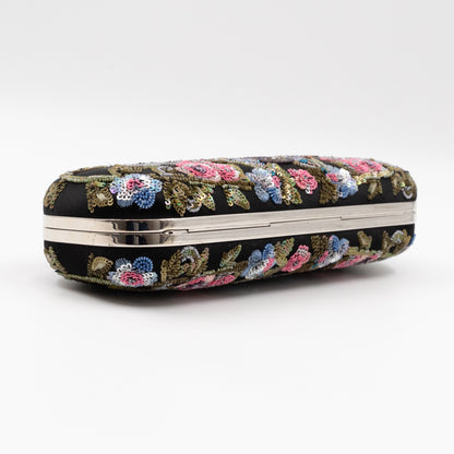 Long Skull Knuckle Clutch Black Silk Floral Embroidery