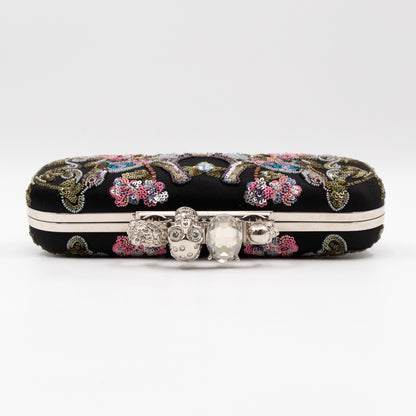 Long Skull Knuckle Clutch Black Silk Floral Embroidery