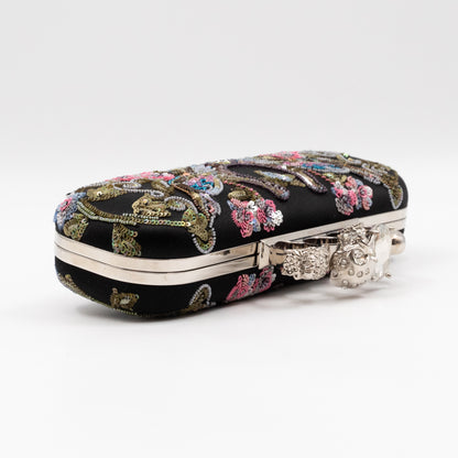 Long Skull Knuckle Clutch Black Silk Floral Embroidery