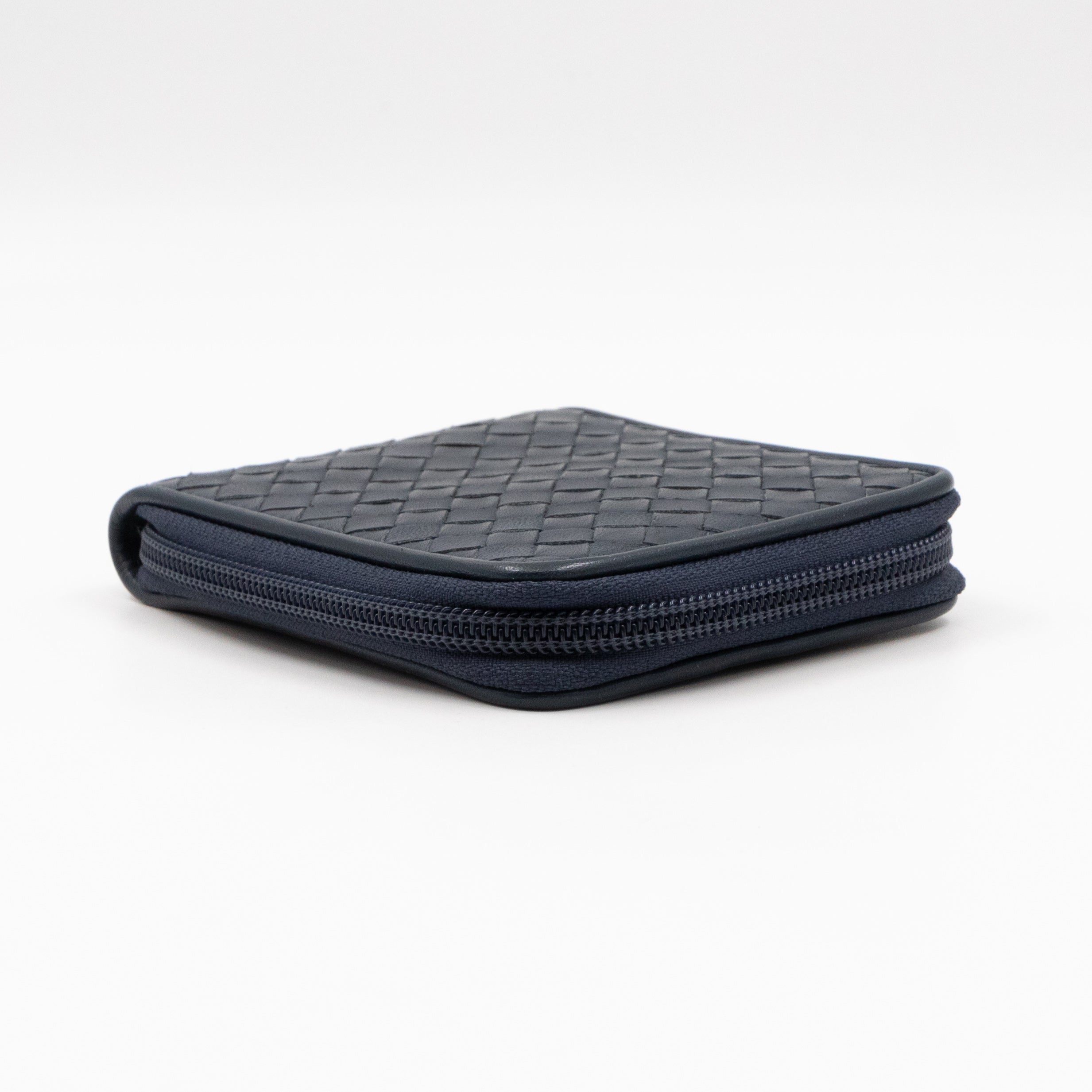 Zip Around Small Wallet Navy Intrecciato Leather