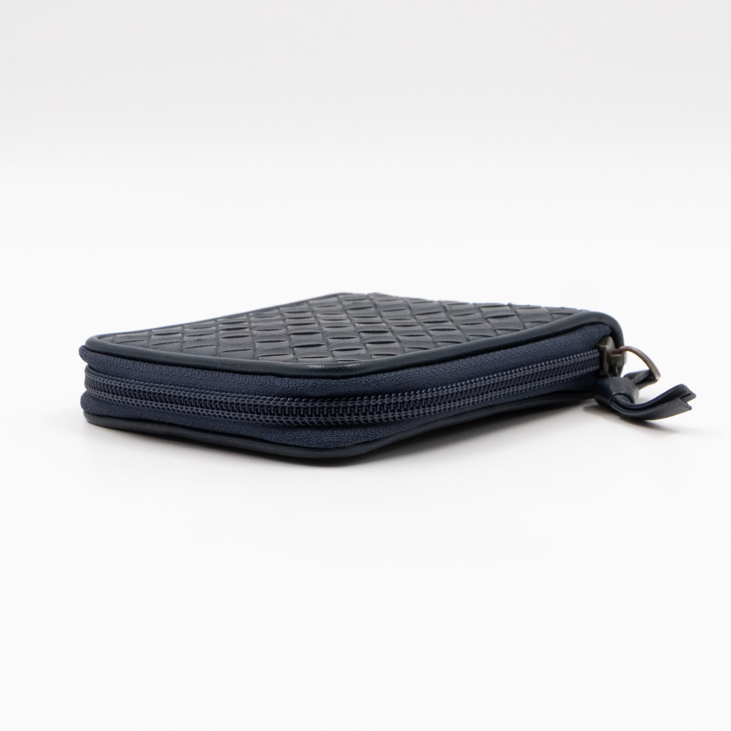 Zip Around Small Wallet Navy Intrecciato Leather