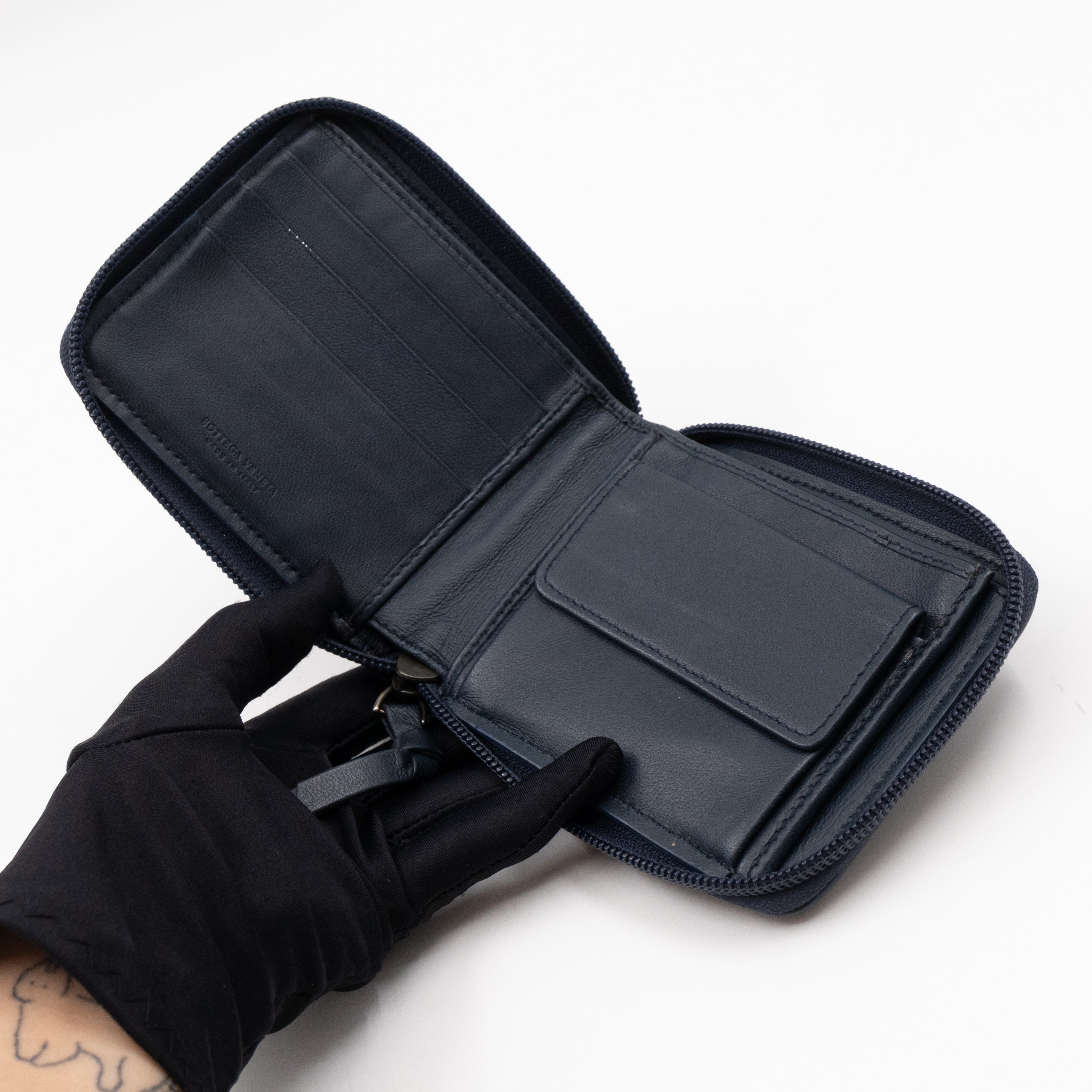 Zip Around Small Wallet Navy Intrecciato Leather
