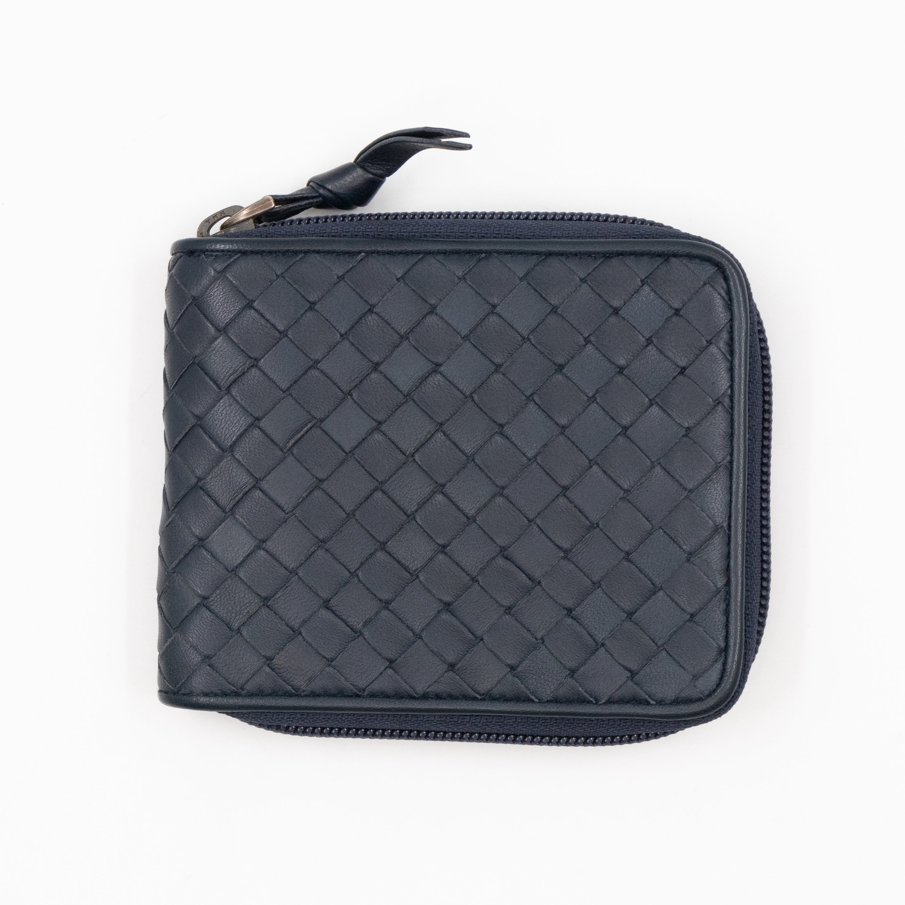 Zip Around Small Wallet Navy Intrecciato Leather