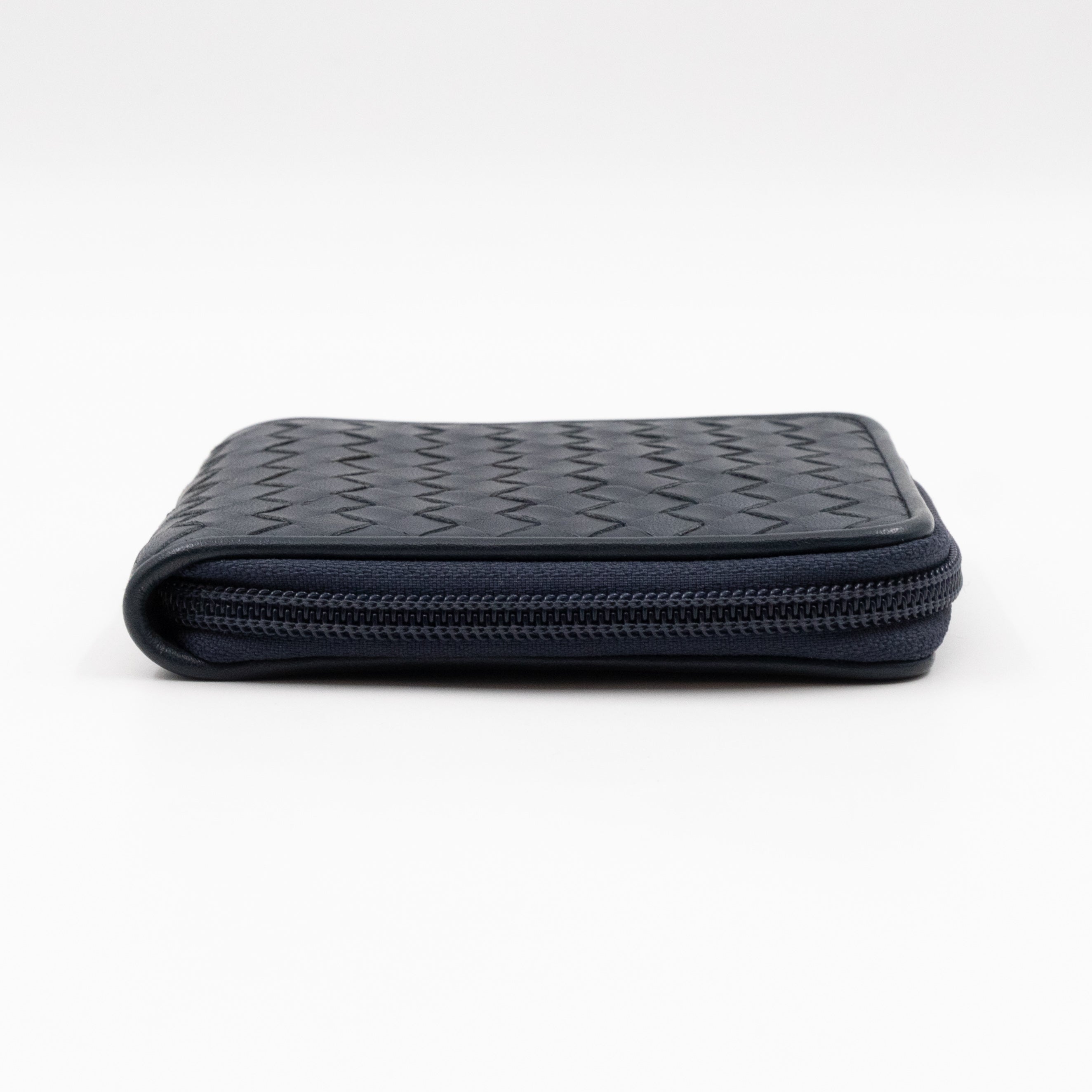 Zip Around Small Wallet Navy Intrecciato Leather