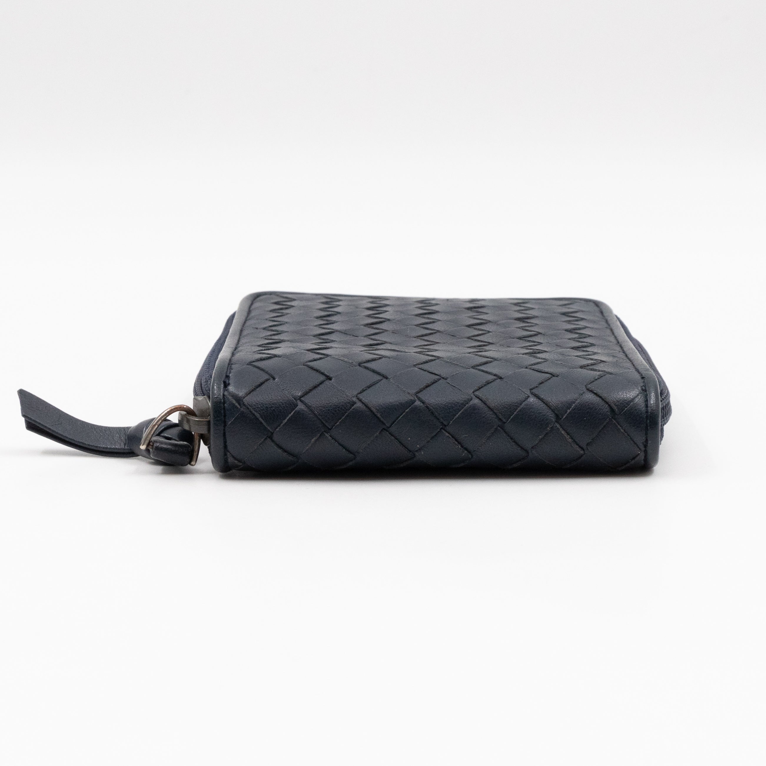 Zip Around Small Wallet Navy Intrecciato Leather