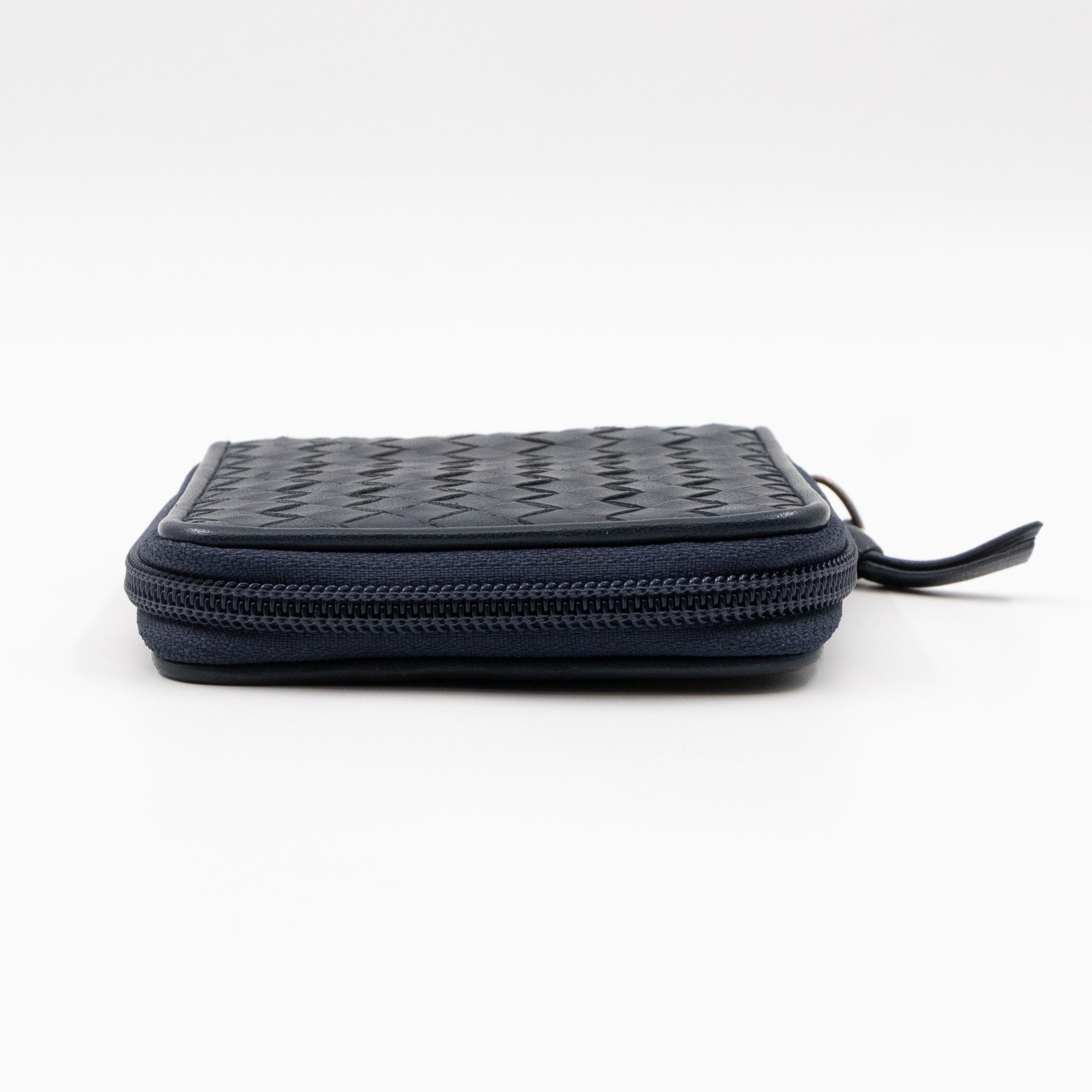 Zip Around Small Wallet Navy Intrecciato Leather