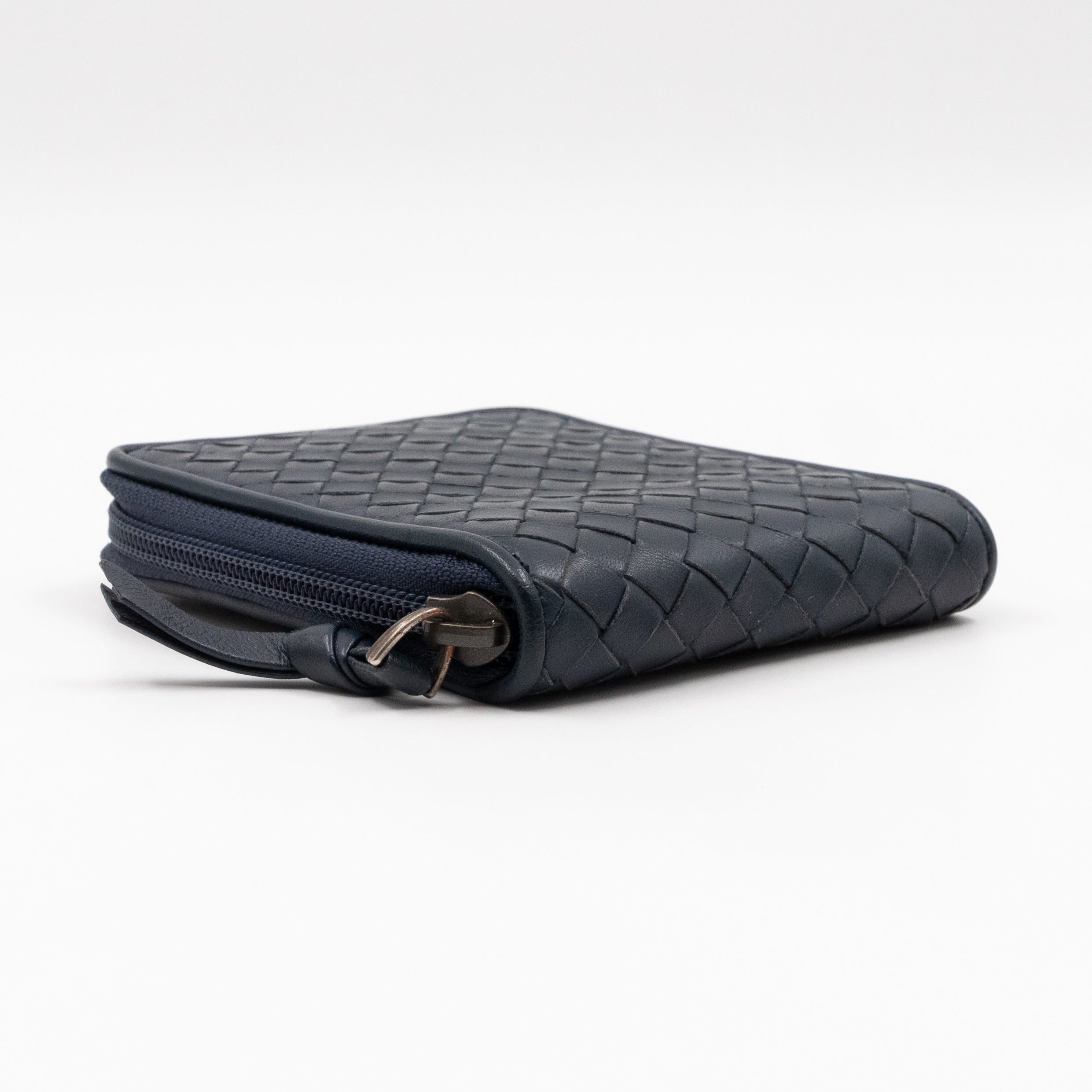 Zip Around Small Wallet Navy Intrecciato Leather