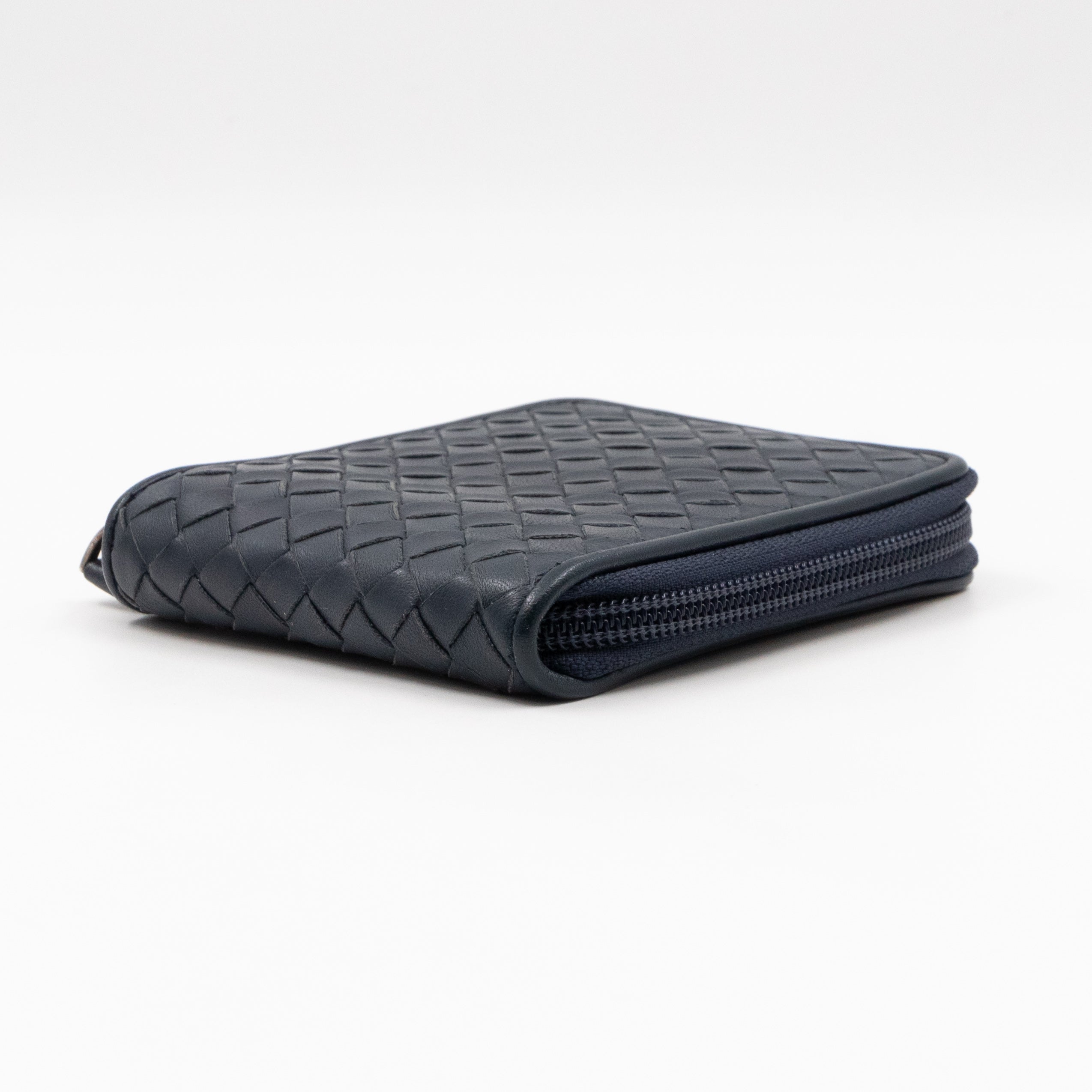 Zip Around Small Wallet Navy Intrecciato Leather