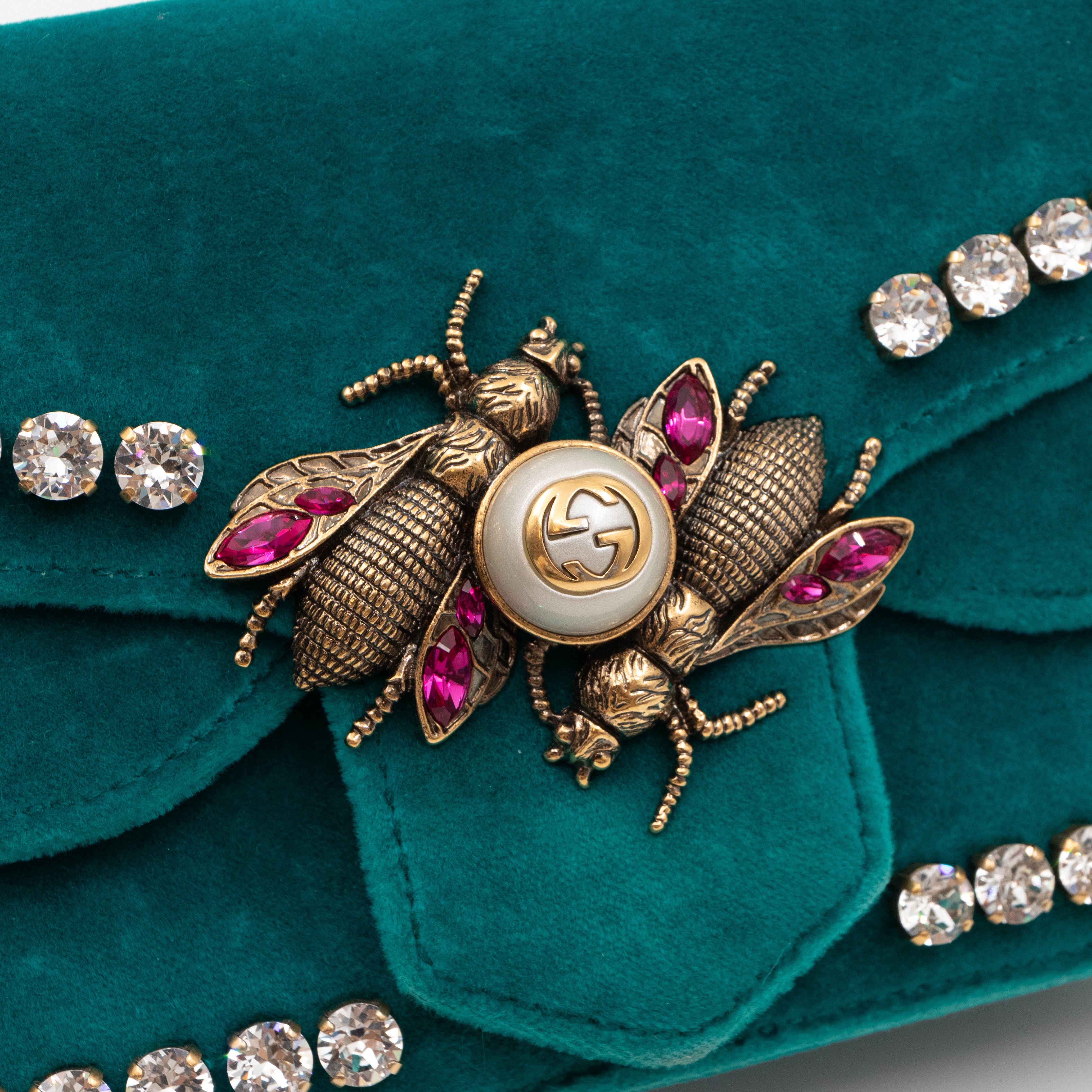Broadway Mini Bee Pearly Crystal Embellished Shoulder Bag Turquoise Velvet