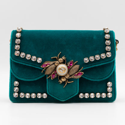 Broadway Mini Bee Pearly Crystal Embellished Shoulder Bag Turquoise Velvet