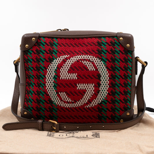 Houndstooth Woven Square Trunk Bag Brown Leather