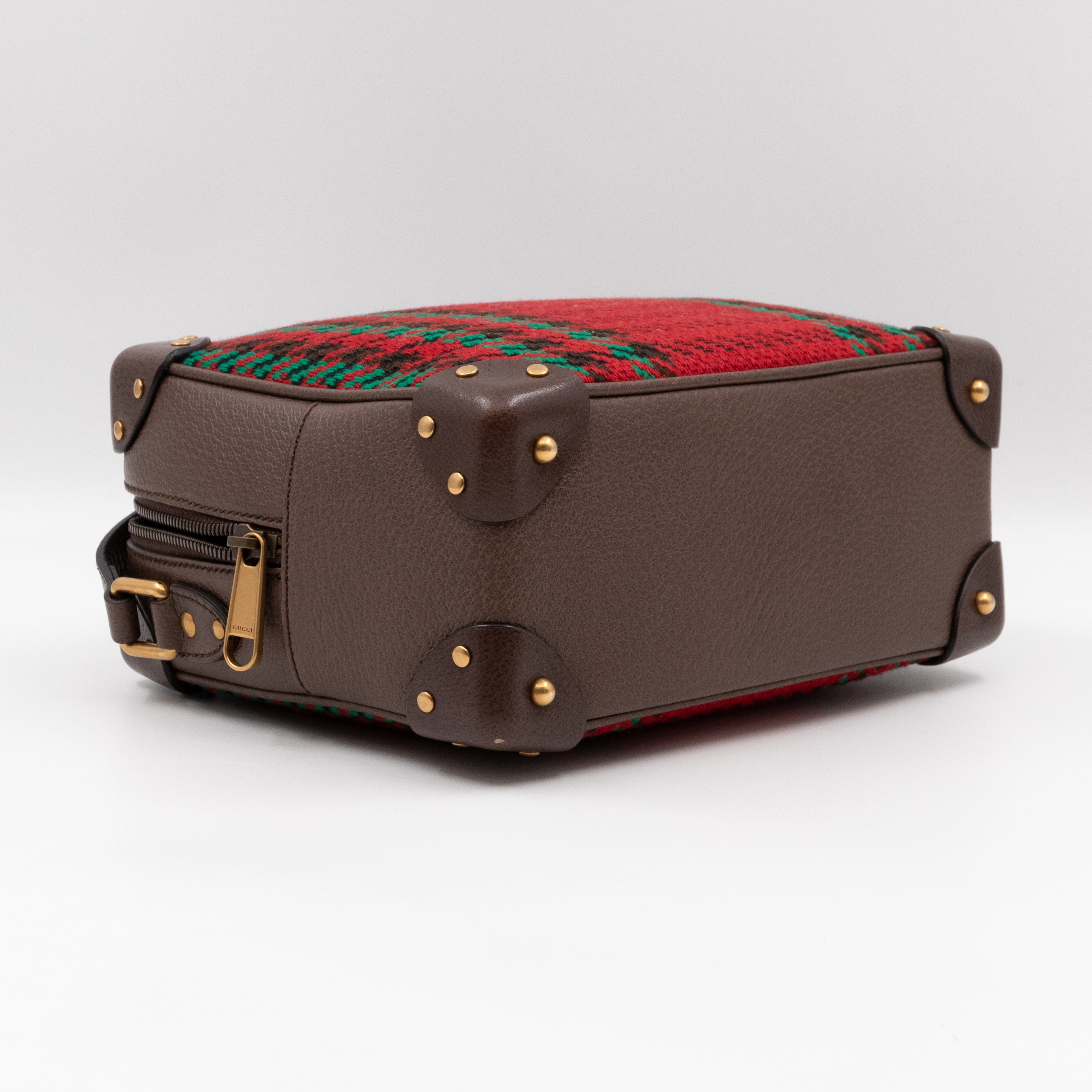 Houndstooth Woven Square Trunk Bag Brown Leather