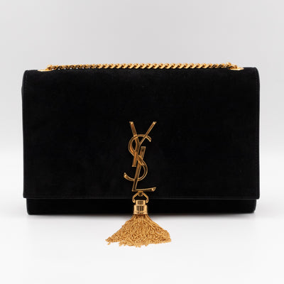 Kate Medium Tassel Black Suede Leather Gold