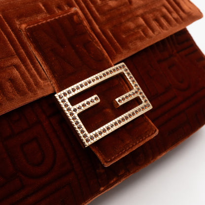 Baguette Logo Embossed Crystal Bronze Velvet Leather