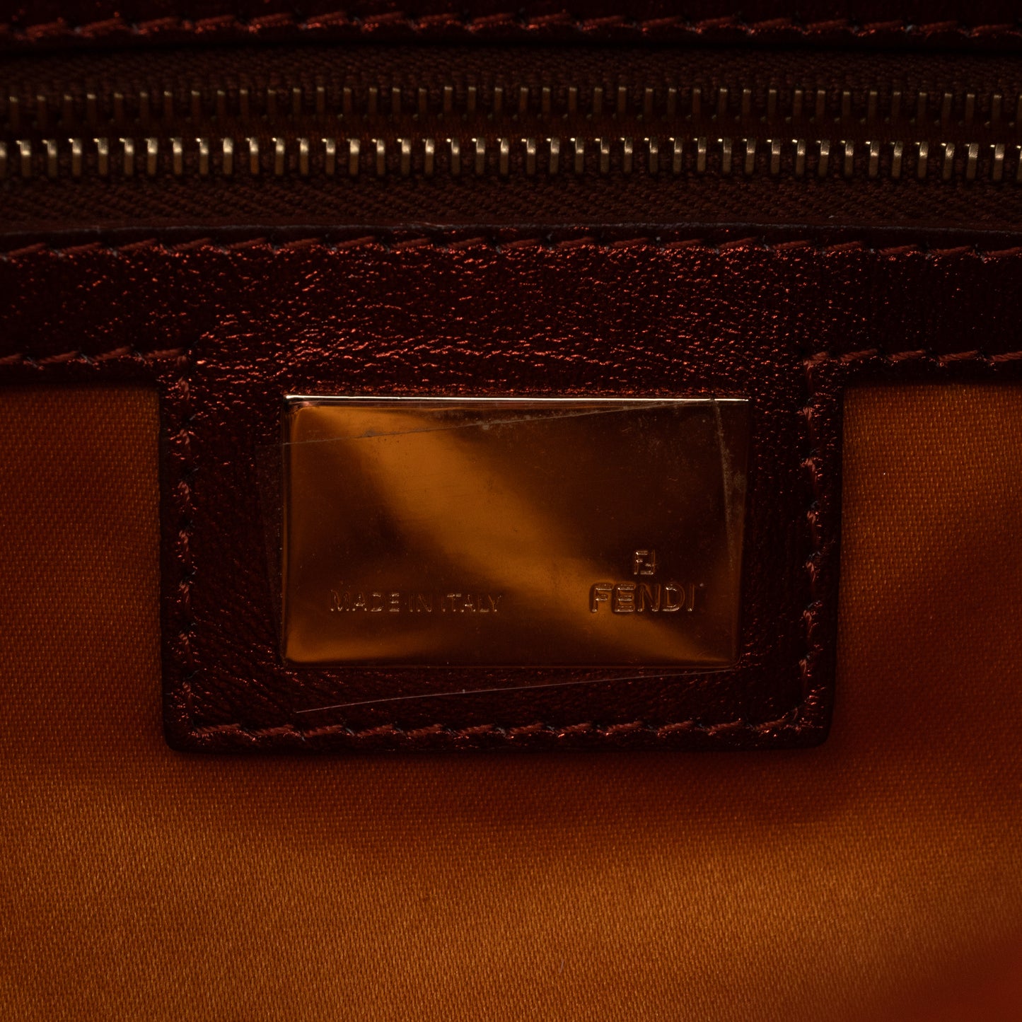 Baguette Logo Embossed Crystal Bronze Velvet Leather
