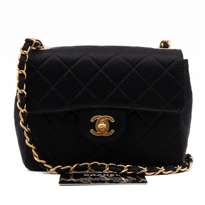 Classic Flap Mini Square Black Satin Vintage