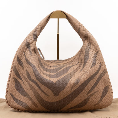 Veneta Hobo Bag Intrecciato Beige Zebra Print Leather Snakeskin Trim