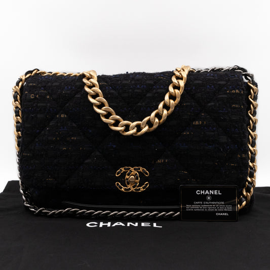 Chanel 19 Maxi Black Navy Tweed