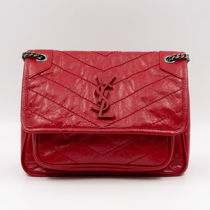 Saint Laurent YSL Niki Baby Red Vintage Style Leather Ruthenium