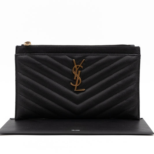 Zipped Pouch Chevron Grained Leather Black