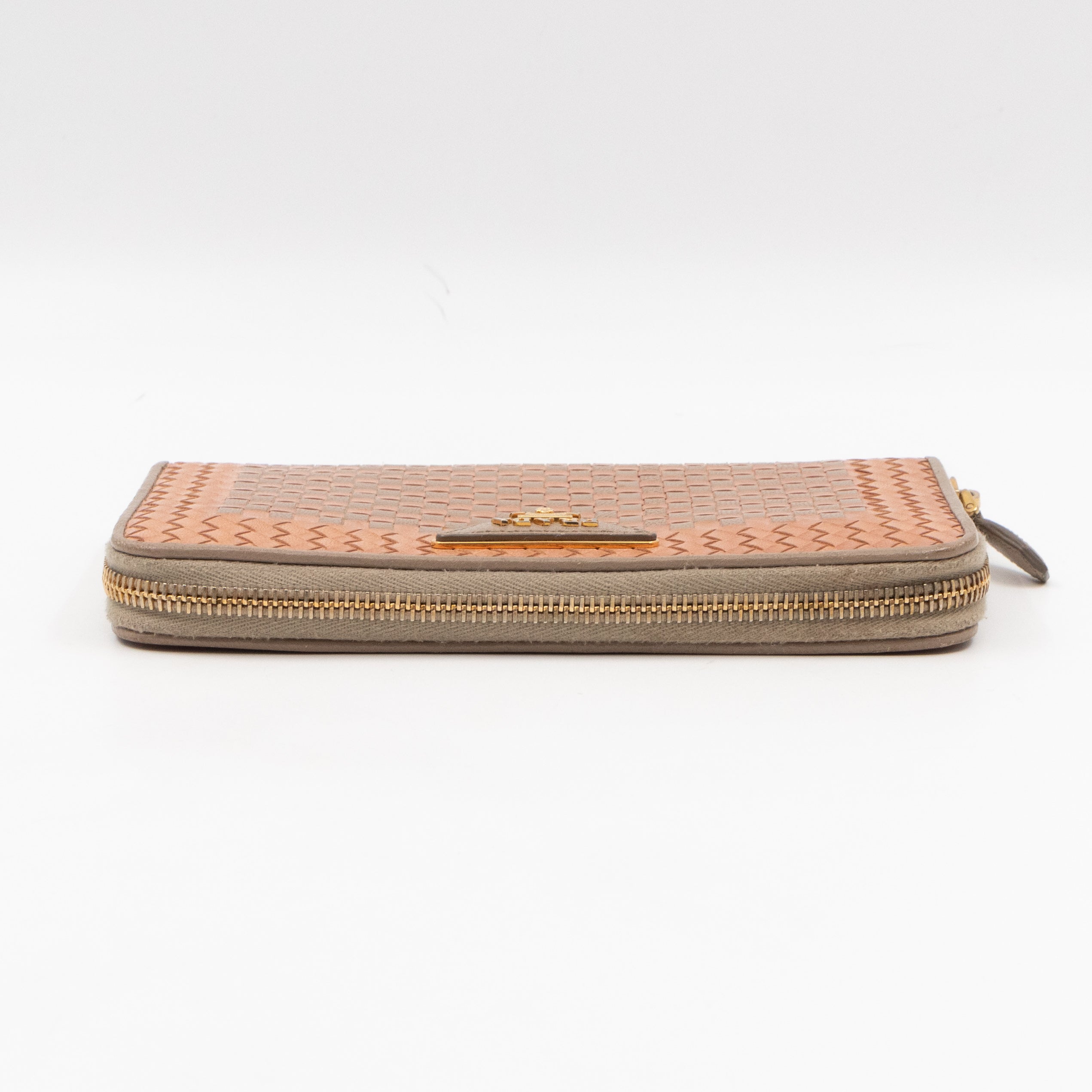 Zip Around Madras Wallet Beige Grey Woven Leather