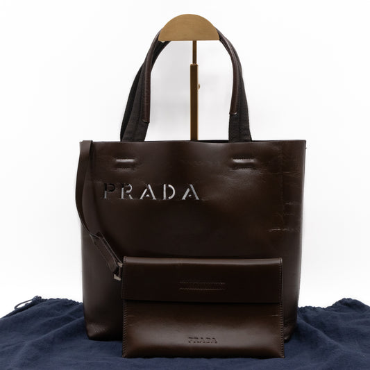 Logo Tote with Pouch Brown Vitello Leather