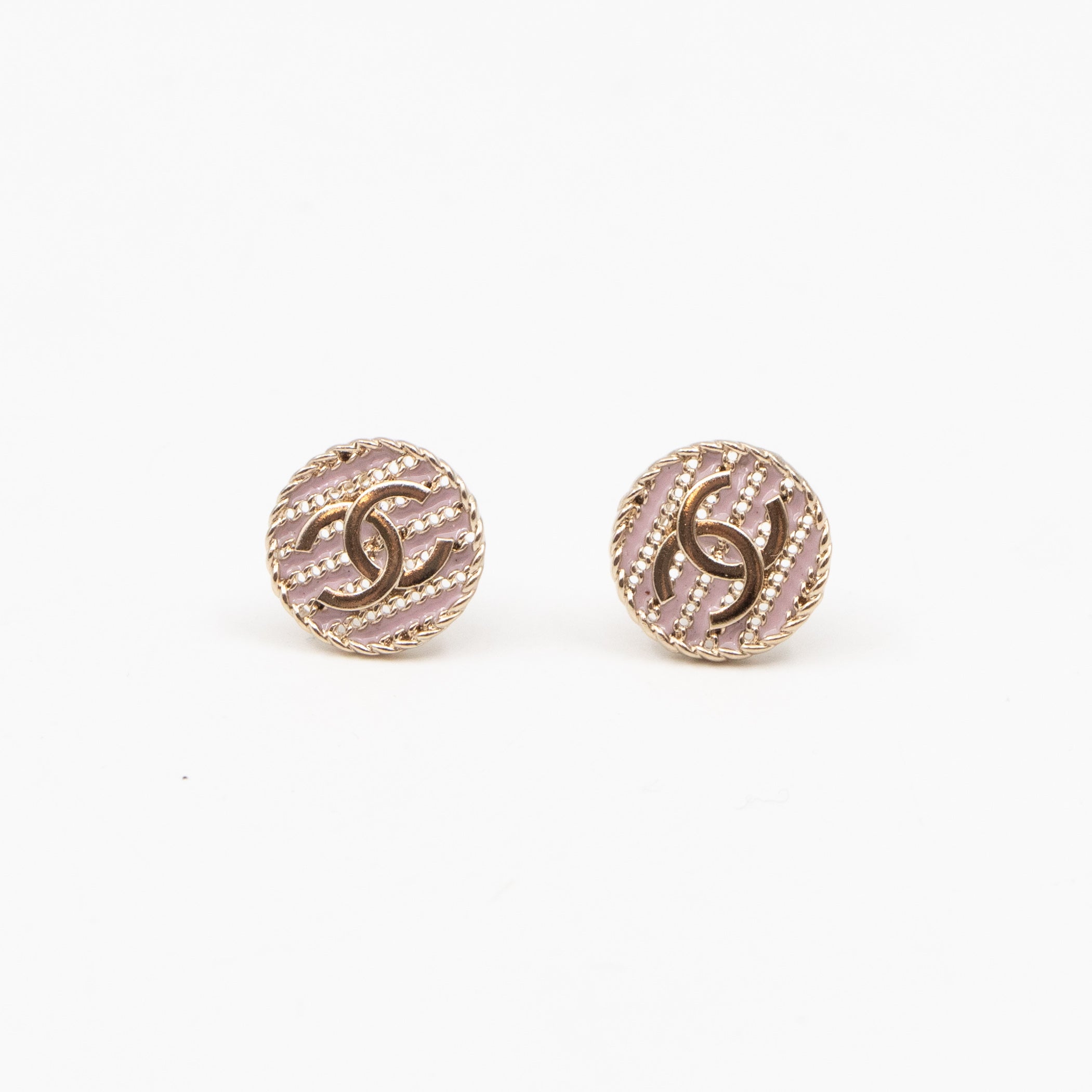 Small CC Button Earrings Pink Light Gold