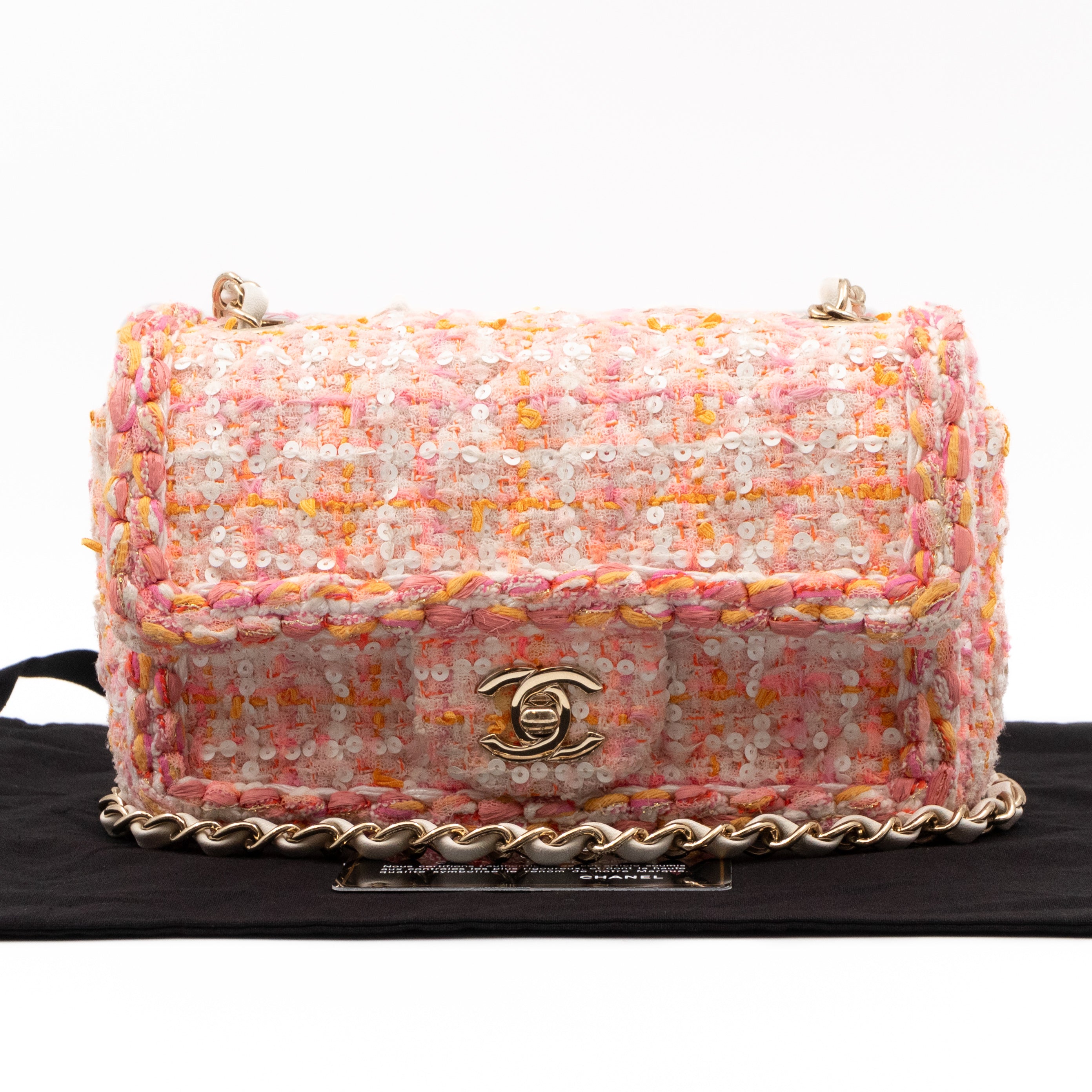 Classic Mini Rectangular Bag Braided Tweed Sequin White Pink
