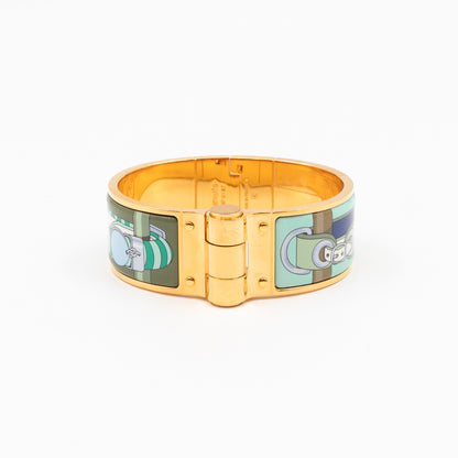 Enamel Hinged Bracelet Wide Green Gold