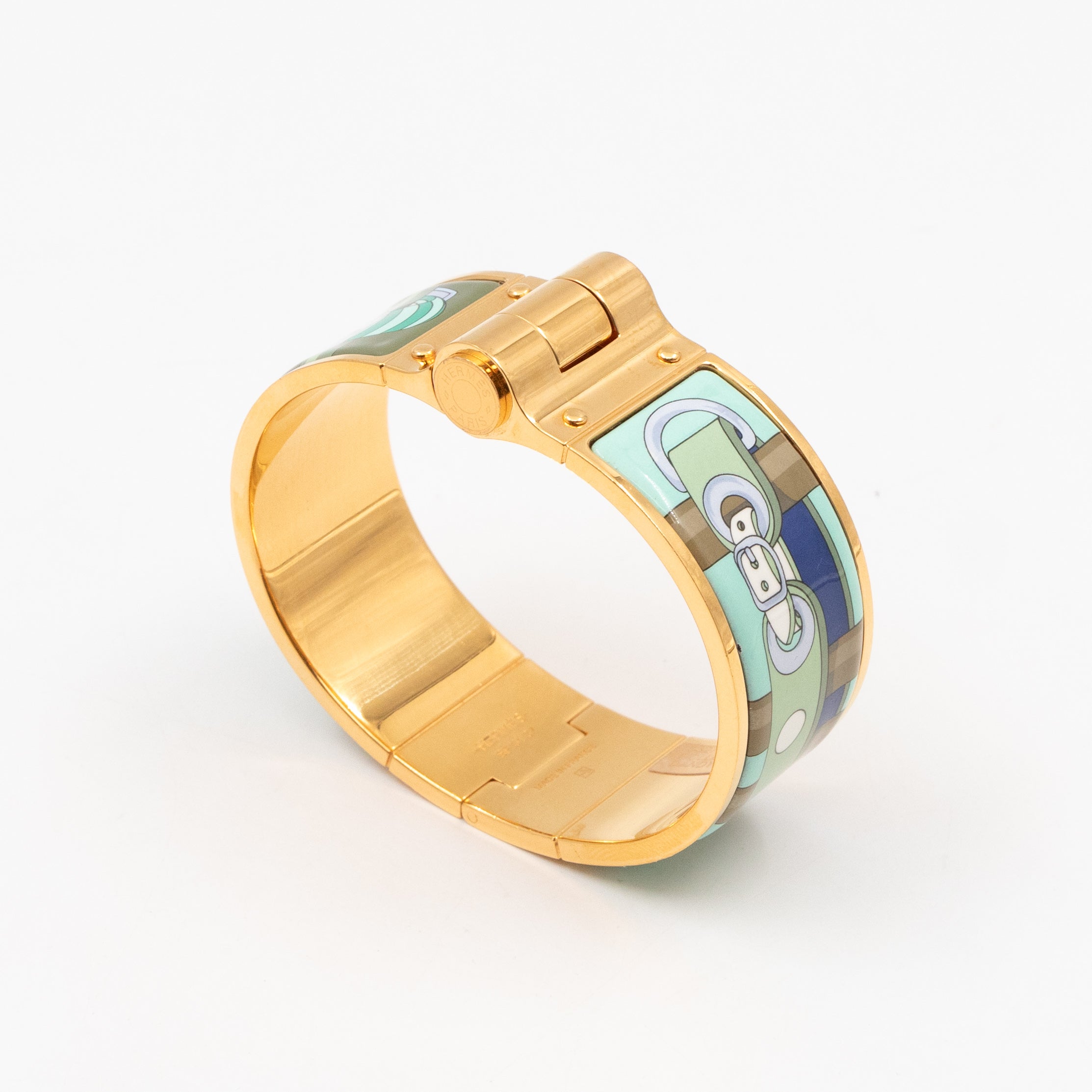 Enamel Hinged Bracelet Wide Green Gold