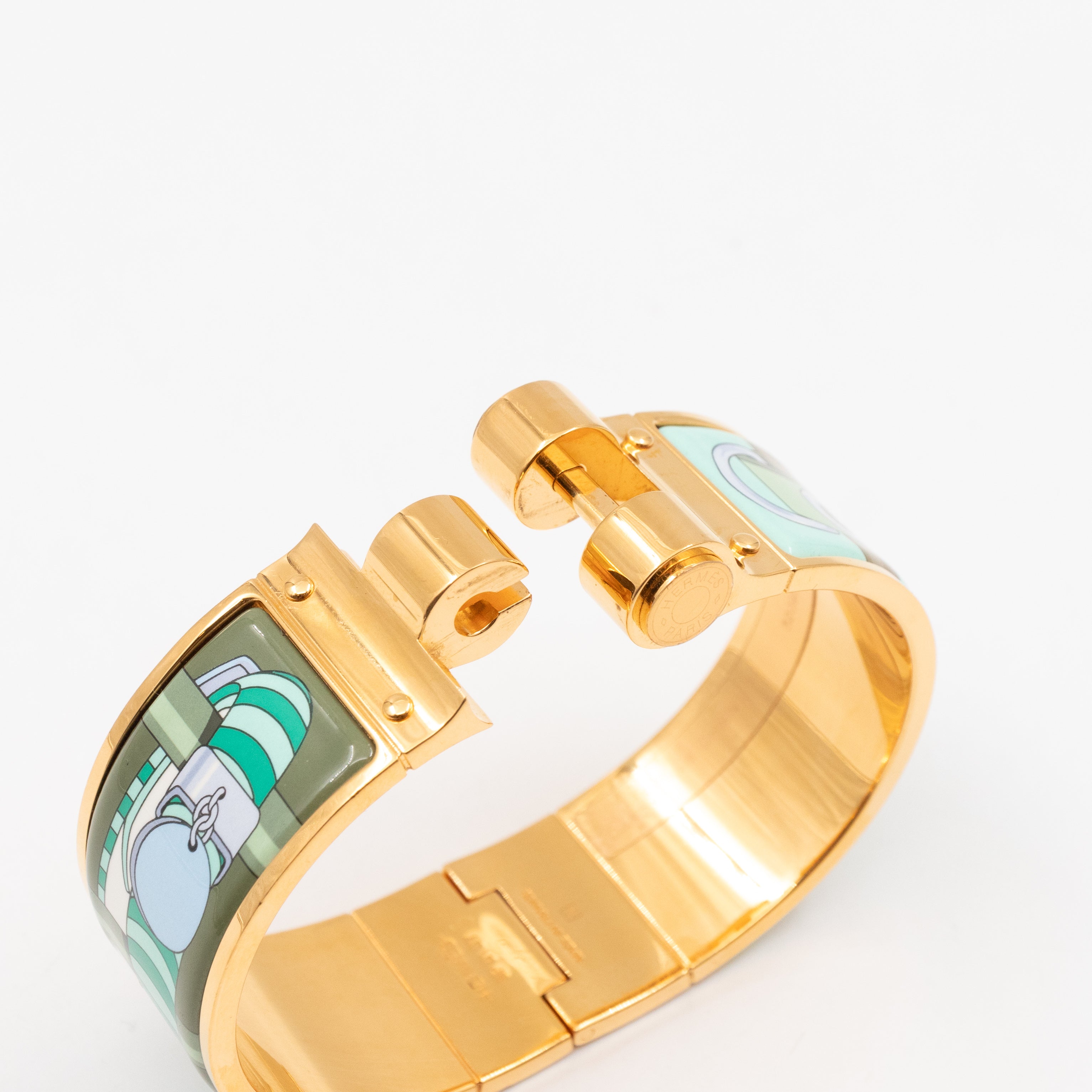 Enamel Hinged Bracelet Wide Green Gold
