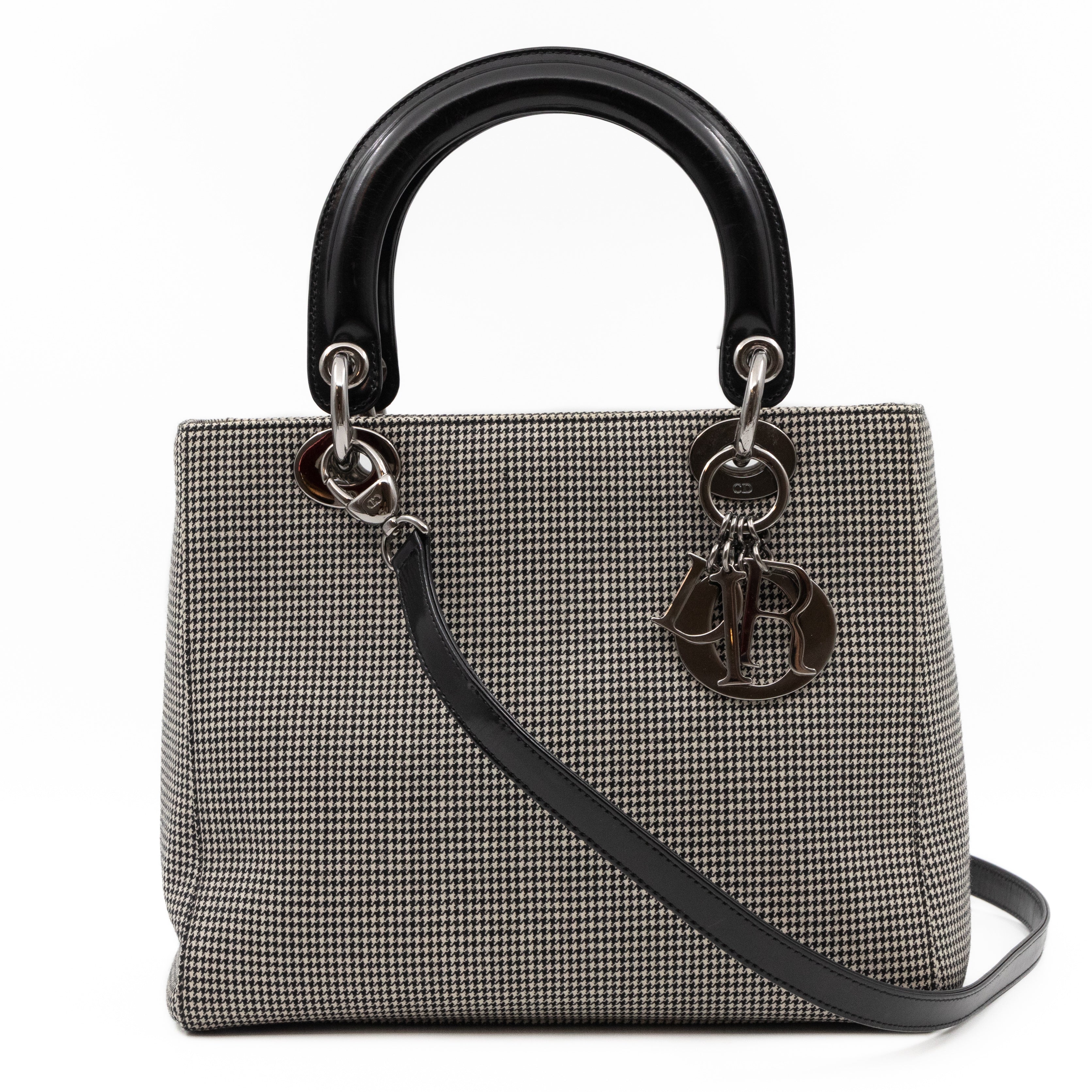 Lady Dior Medium Houndstooth Black White Canvas