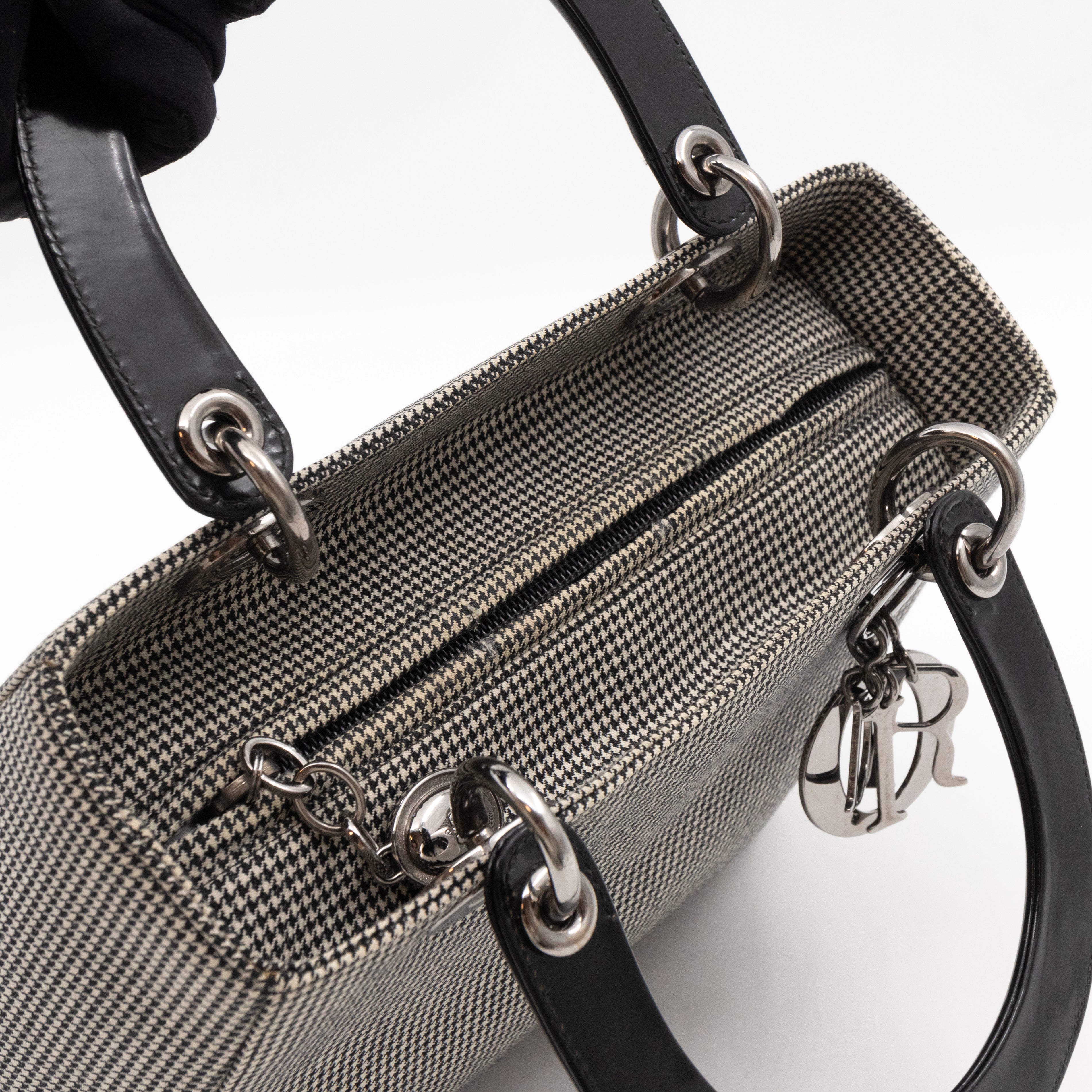 Lady Dior Medium Houndstooth Black White Canvas