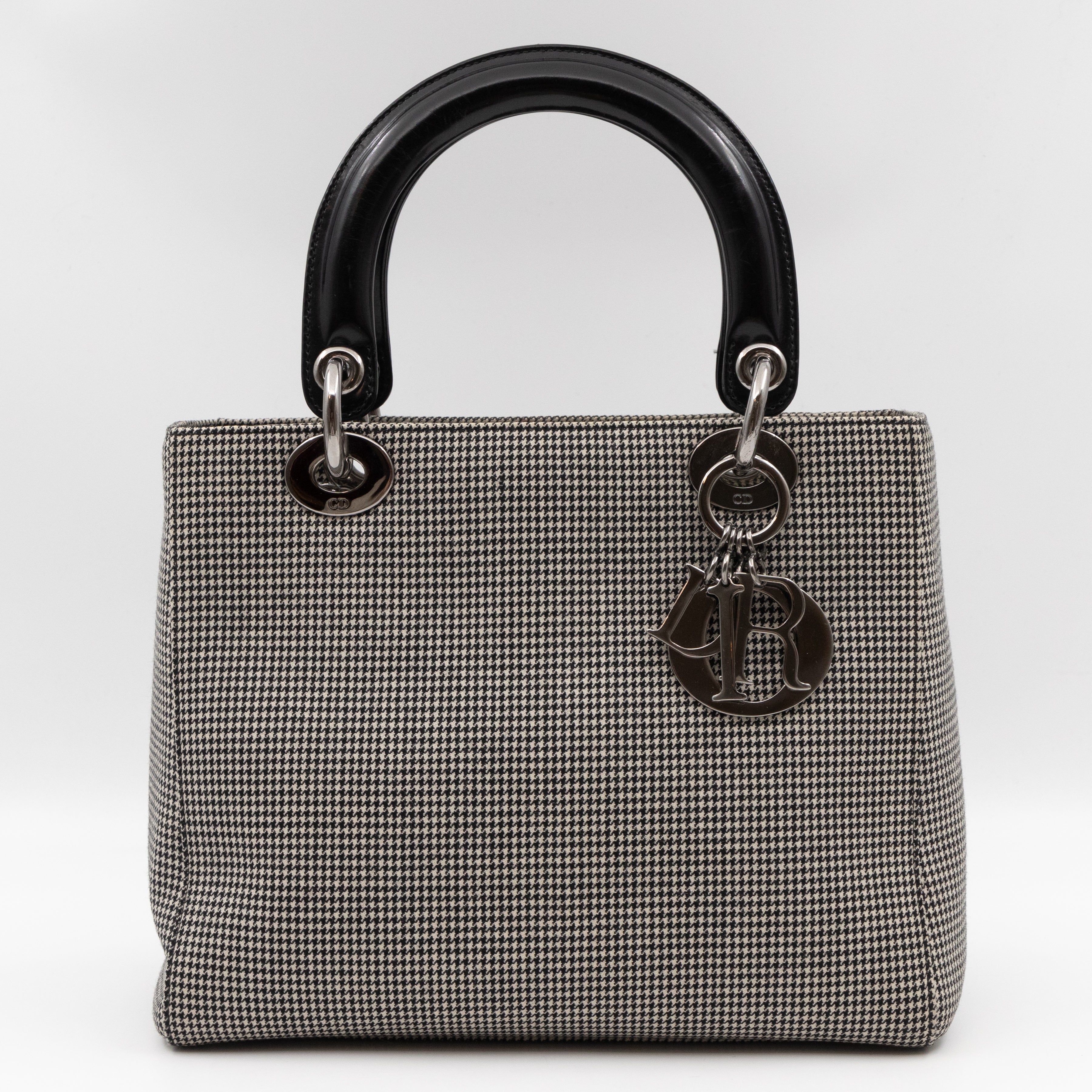Lady Dior Medium Houndstooth Black White Canvas
